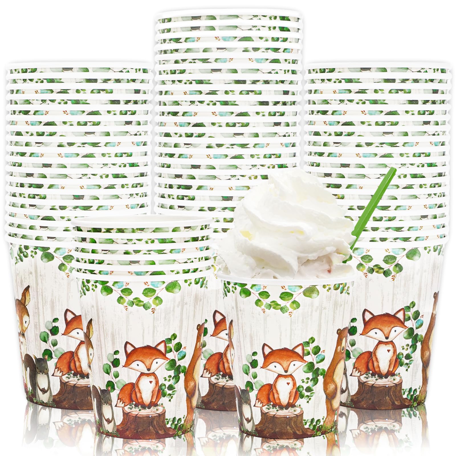 Whaline50Pcs Woodland Disposable Cups 9oz Cute Forest Animals Paper Cups Baby Shower Party Cups Drinkware Supplies for Hot Cold Drinks