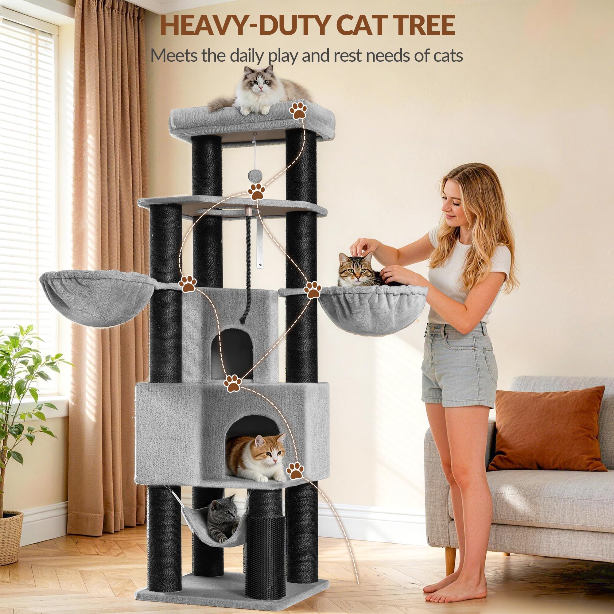 Kratzbaum Große Katzen Stabil, XXL Katzenbaum, 183 cm, Hellgrau | Großen Höhlen, 11 cm Dicker Sisalpfosten, Plattformen, Fellpflegegerät, Dickes Sisalseil, Hängematte, Pompons FPMS018FG1