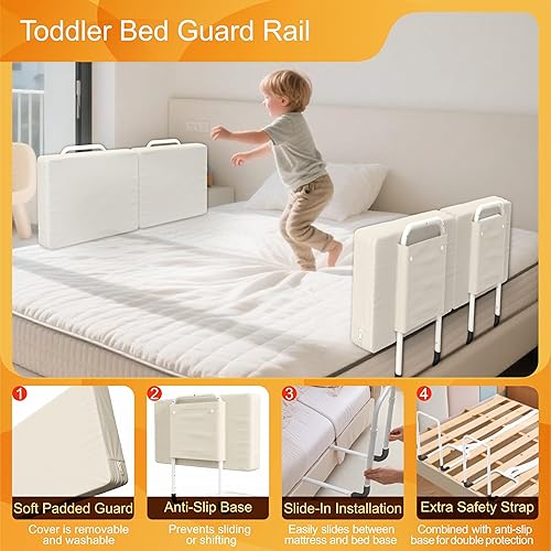 Miniatura 7 de goodleben Riel de cama para niños pequeños, protector de cama ajustable para camas individuales y matrimoniales, rieles de seguridad de cama para