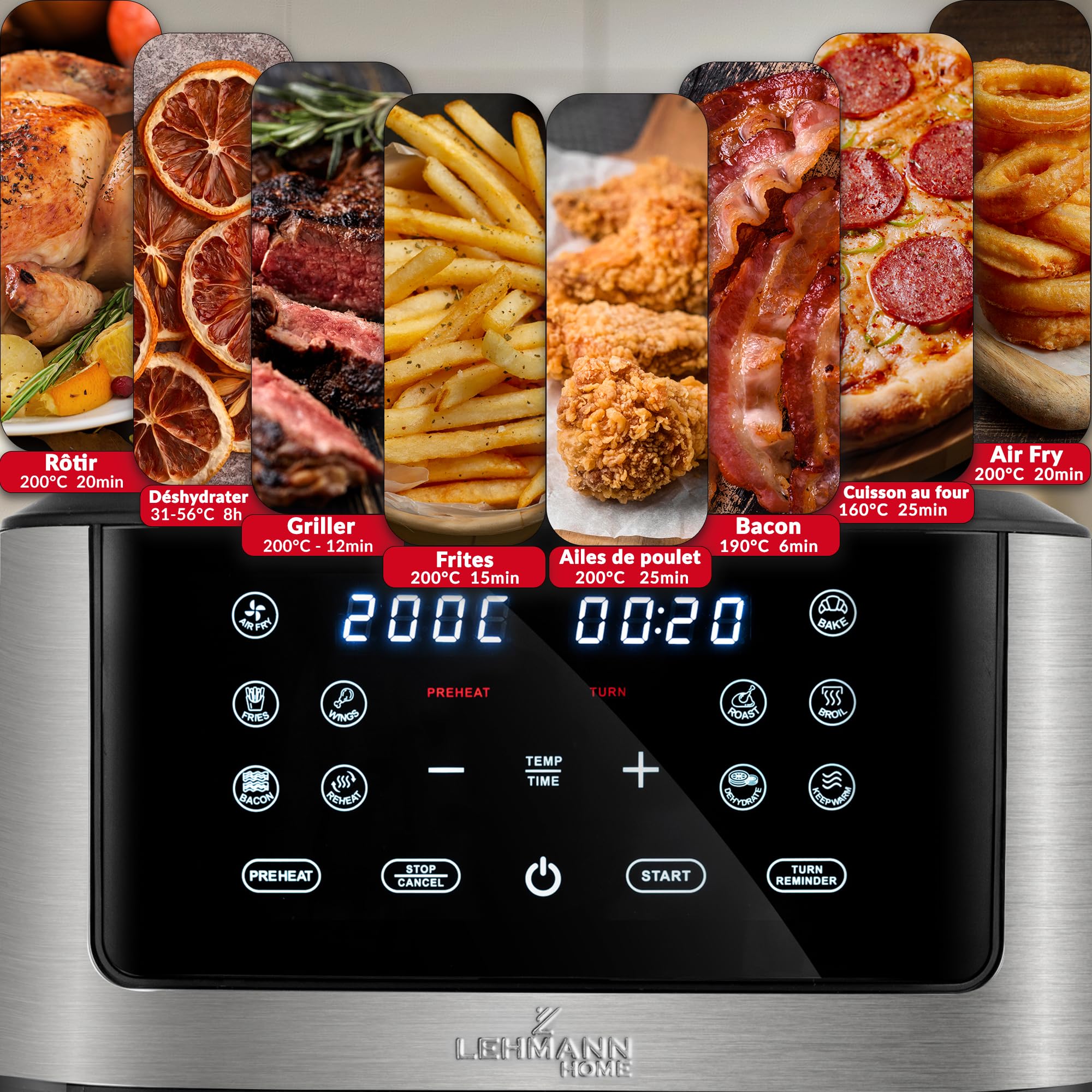 LEHMANN Air Fryer 8L avec Compartiment Flexible Dual Zone, Fenêtre, 12 programmes, Réglage Température 76-200°C, Écran Tactile LED, Revêtement Antiadhésif, 90% de Matières Grasses en Moins