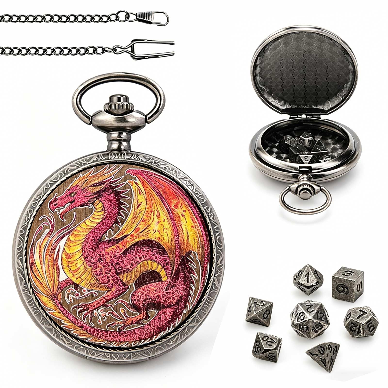 DragonSword DND Dice Set with Pocket Watch Case, Portable Metal Dice Set Compatible with Dungeons and Dragons, 7PCS Mini Dice, RPG Role Playing Board Games Accessories (Fire Dragon B)