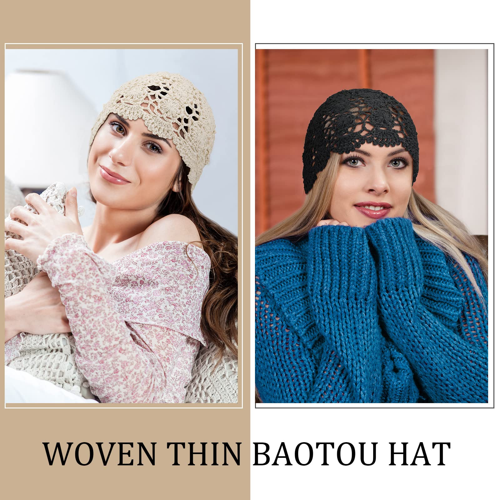 Newcotte 3 Pcs Crochet Slouchy Beanie Hat Women Handmade Knit Floral Summer Skull Cap Stretchy Lightweight Cotton Cutout