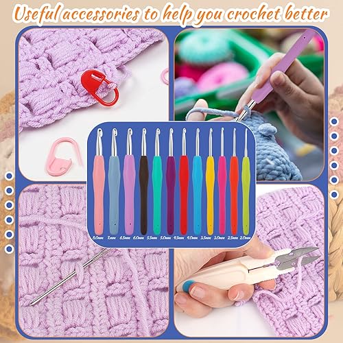 Miniatura 7 de Aeelike Kit de ganchillo para principiantes con hilo, el juego de iniciación incluye 12 ganchos de ganchillo ergonómicos de 0.079-0.315 in, bolas de