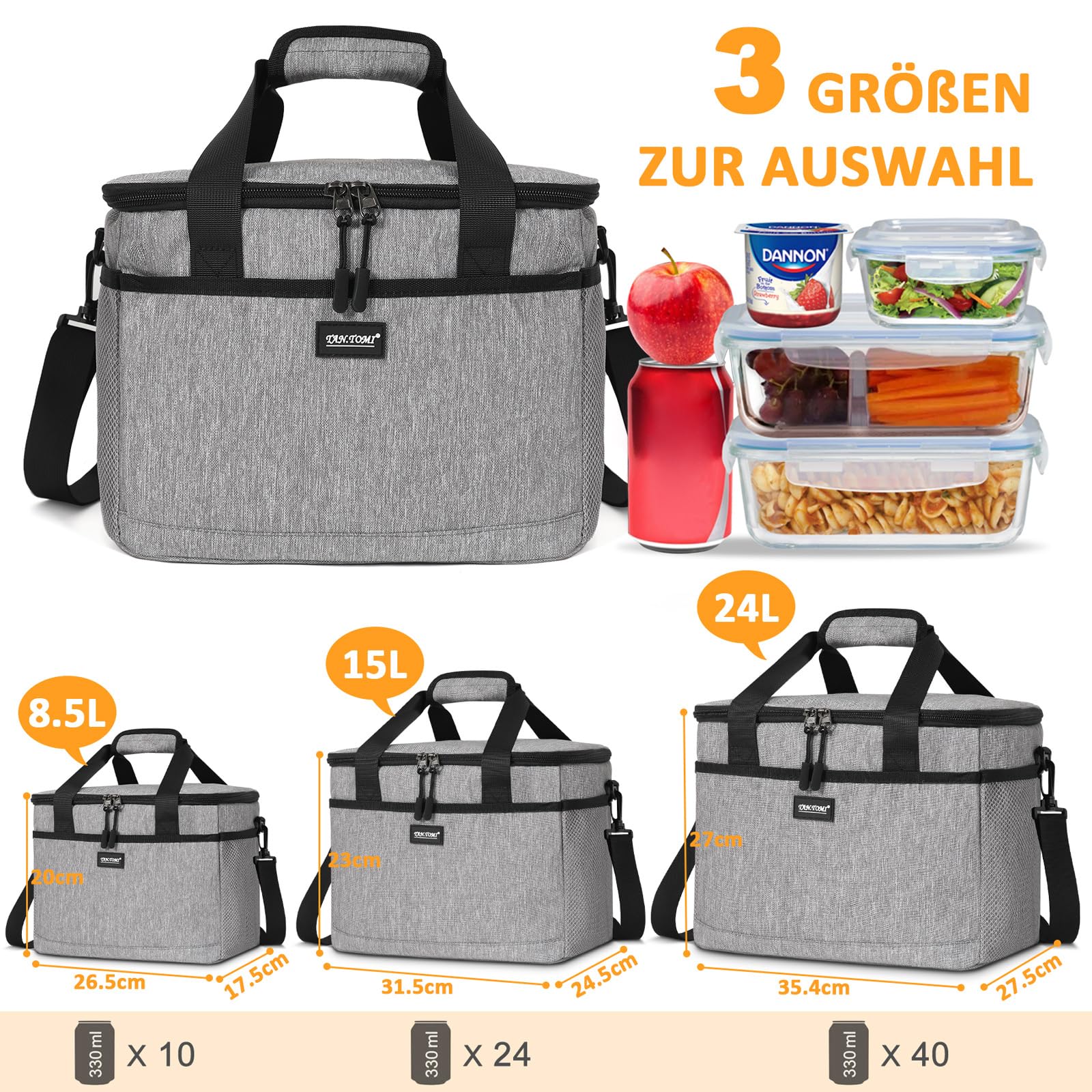 CALIYO Borsa termica da 15 l, pieghevole e portatile, con chiusura lampo, per uomo e donna, borsa termica per il pranzo, per lavoro, scuola, picnic, viaggi, 3 misure: 8,5 l/15 l/24 l (grigio)