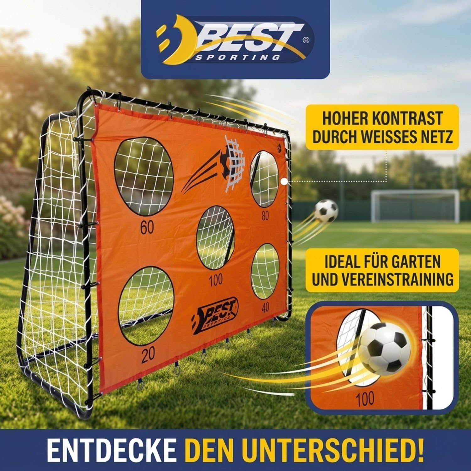 Best Sporting 2-in-1 Fußballtor mit Torwand Fan-Favorite | Fussball Tor mit 5 Schusslöchern (40cm), perfekt als Fussball Trainingszubehör - Punktesystem für spannende Turniere, 213 x 152 x 76 cm