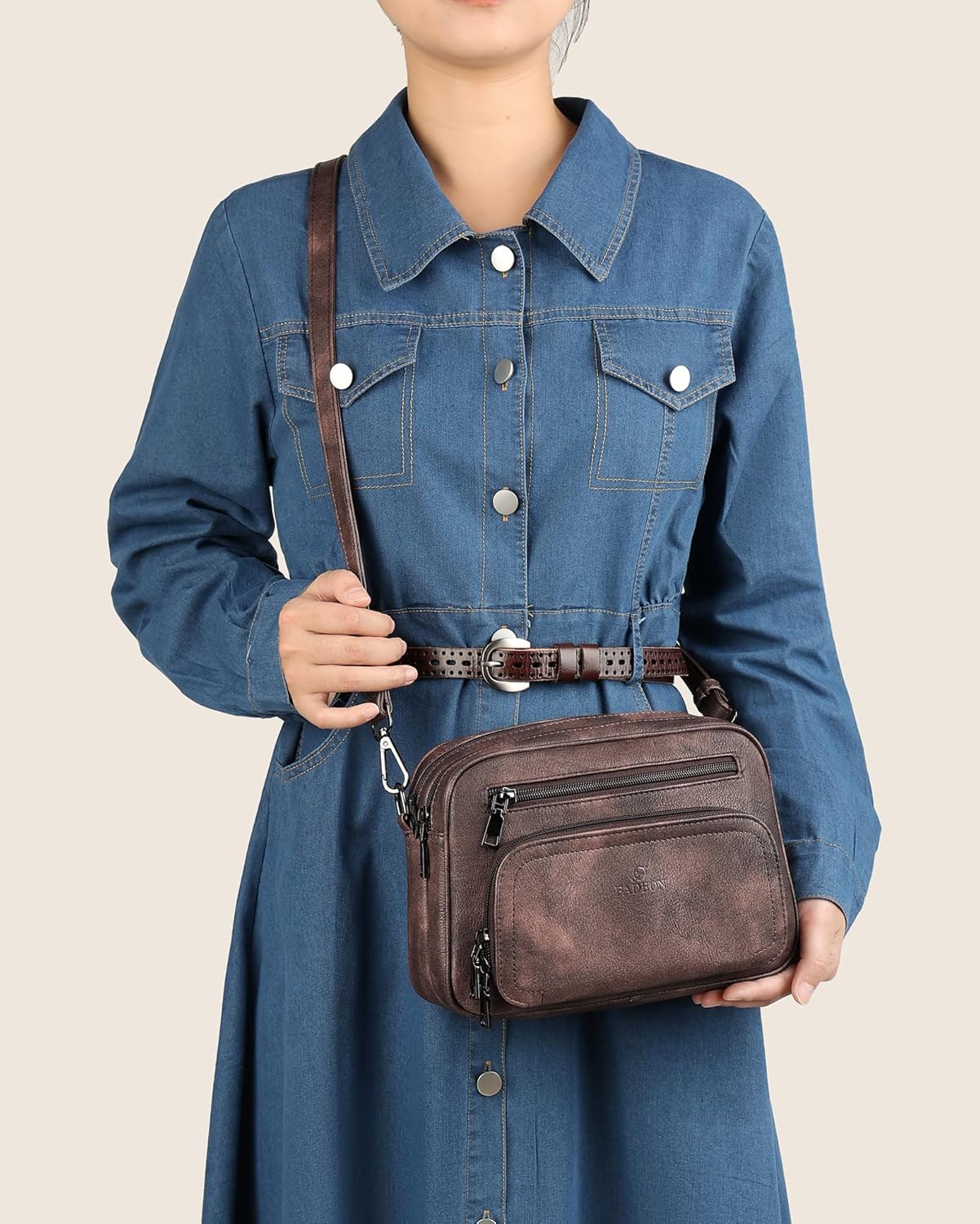 FADEON Crossbody Bags for Women Multi-pocket Leather Crossbody Purses, Designer Shoulder Bag Purse Removable Strap Brown - Image 2