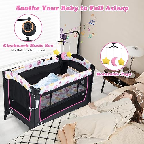 Miniatura 4 de BABY JOY 4 en 1 rosa Pack and Play, cama de noche para bebé con moisés, 3 alturas ajustables, caja de música, fácil de instalar, cuna plegable con