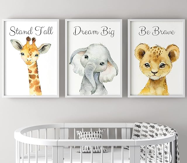 Safari Animals Baby Girl or Boy Nursery Bedroom Set of 3 Unframed Quote Prints, Wall Art Portrait Set of 3, Nursery Decor Gift Present, Giraffe Elephant Lion, Stand Tall Dream Big Be Brave (A4)