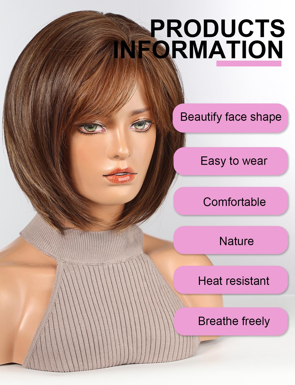 HAIRCUBE Bob Wigs for Women Synthetic Wig with Fringe Brown Color, 21 to 23 Inch - Image 2