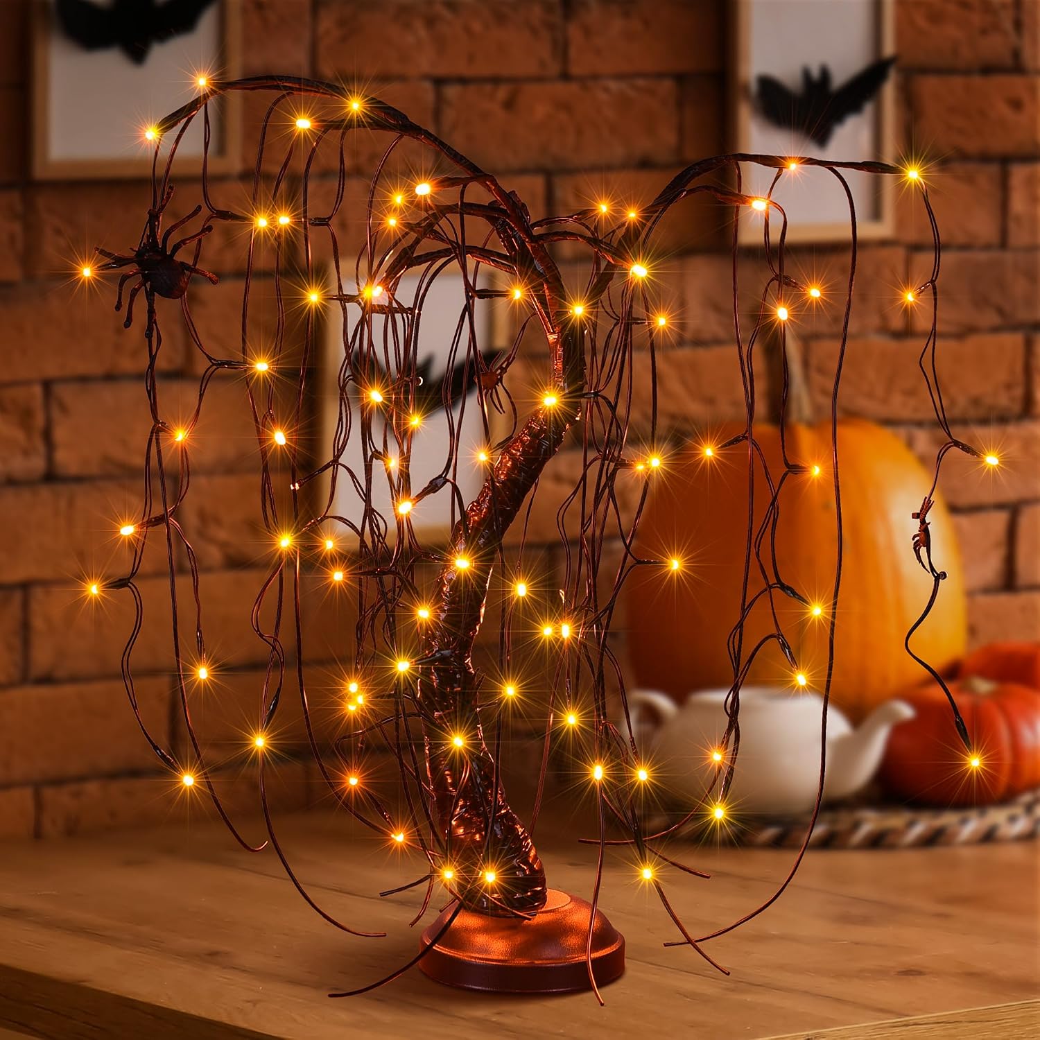 24Inch Halloween Lighted Willow Tree Bonsai Light 80 Purple LED Lights Table Top Lamp Artificial Tree Desk Decor with 4 Spiders Adapter Plug in/Battery Powered for Christmas Nativity Decoration