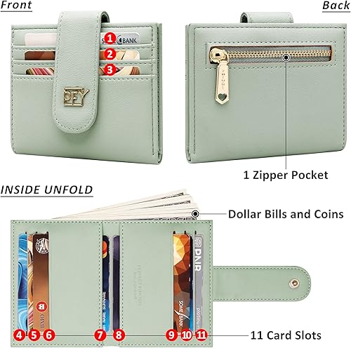 Miniatura 5 de Badiya Billeteras pequeñas para mujer, billetera plegable multitarjetero delgado con cremallera, Verde claro, Minimalista
