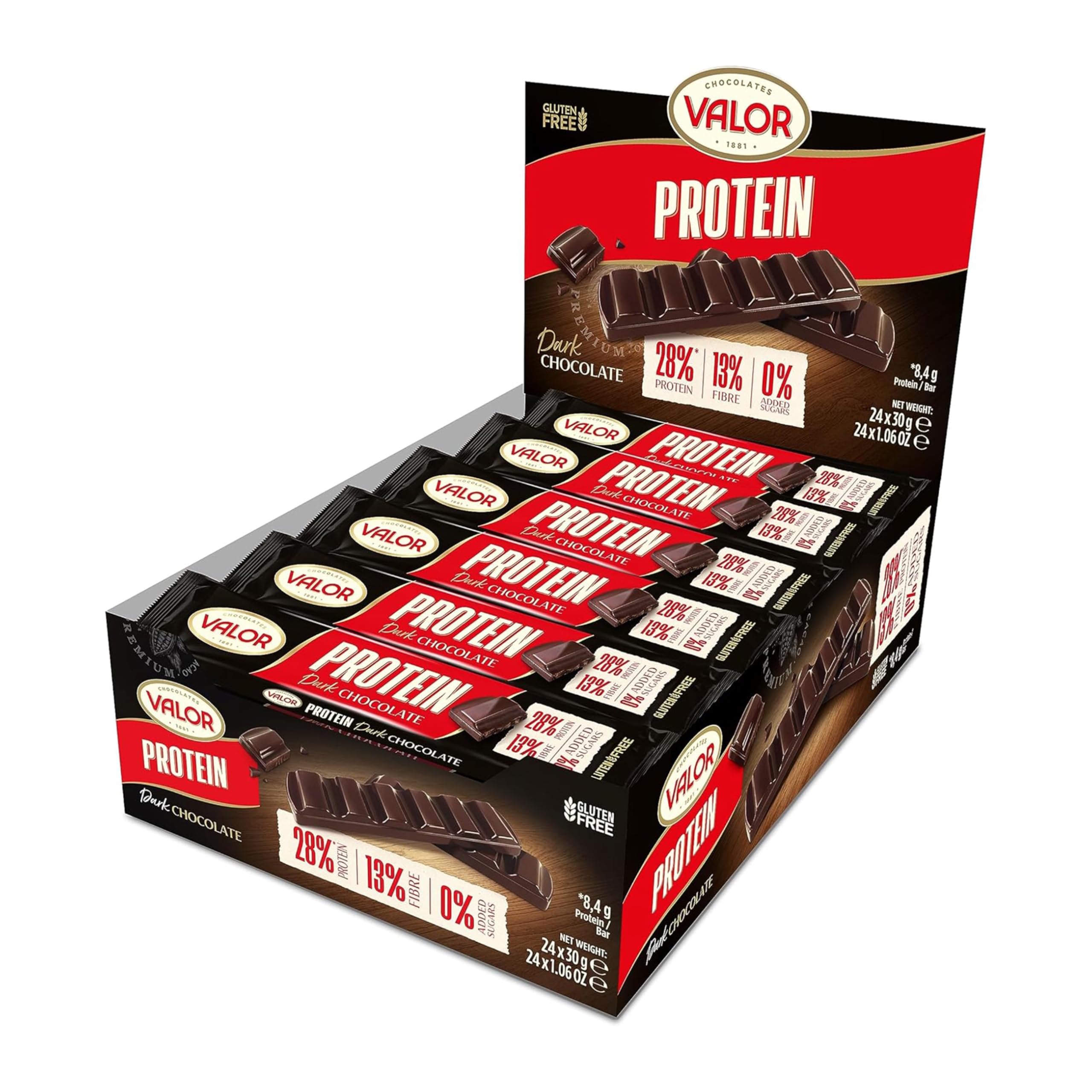 Valor Dark Chocolate Gluten Free Snacks - Low Calorie Snacks with 8.4g Protein and No Added Sugar - Suitable for Diabetics, Great Snacks for Adults - 30g, 24 Multipack