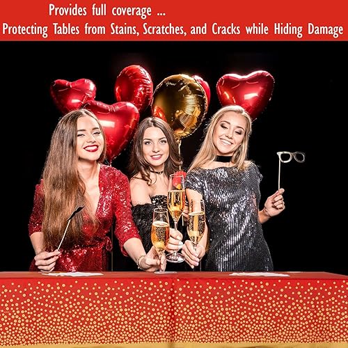 Miniatura 2 de Paquete de 2 manteles de plástico rojo y dorado de alta calidad, gruesos, duraderos, reutilizables (54 x 108 pulgadas), manteles desechables
