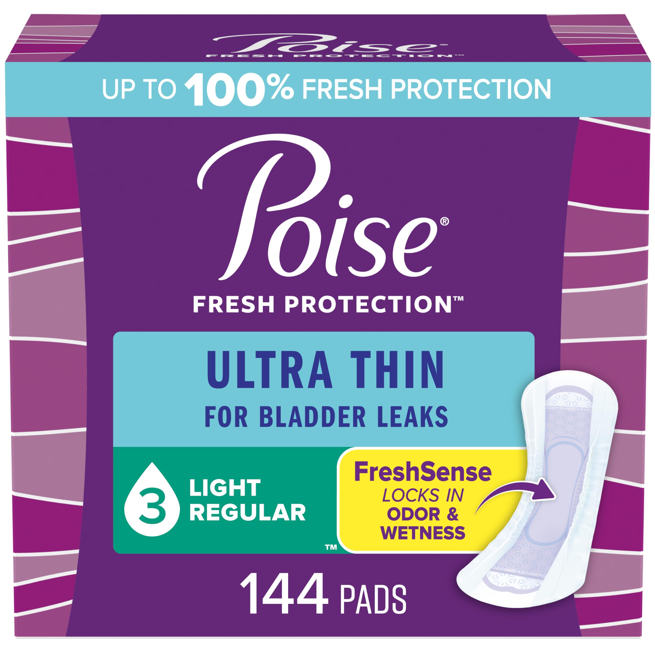 Poise Ultra Thin Incontinence Pads & Postpartum Incontinence Pads, 3 Drop Light Absorbency, Light Regular Length, 144 Count (3 Packs of 48), Packaging May Vary