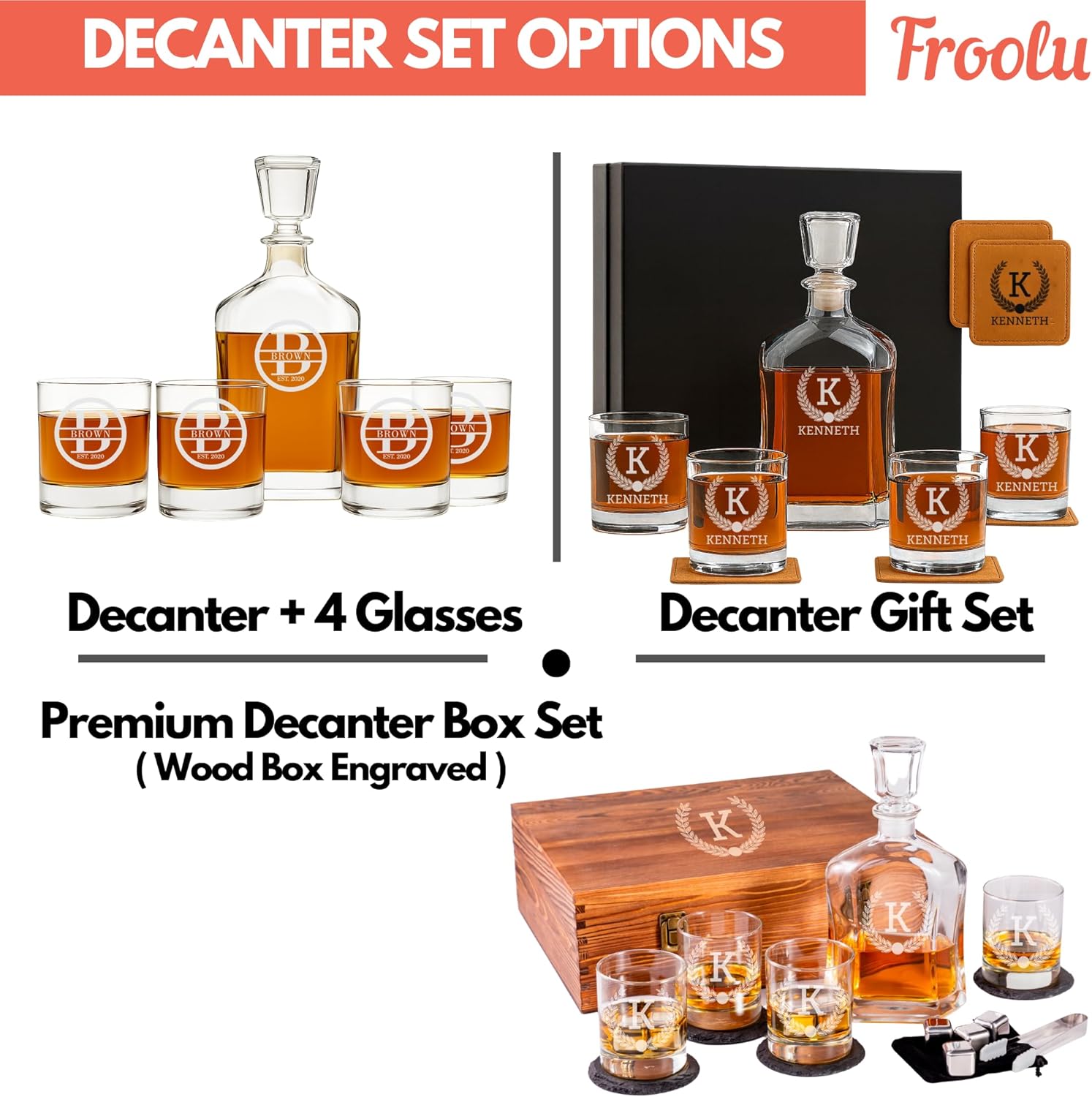 Personalized Whiskey Decanter Set, Whiskey Decanter Sets for Men, Customized Gifts for Men, Whisky Decanter Sets, Bourbon Decanter Set, Engraved Custom Scotch Glasses Liquor Lovers for Christmas - Image 3