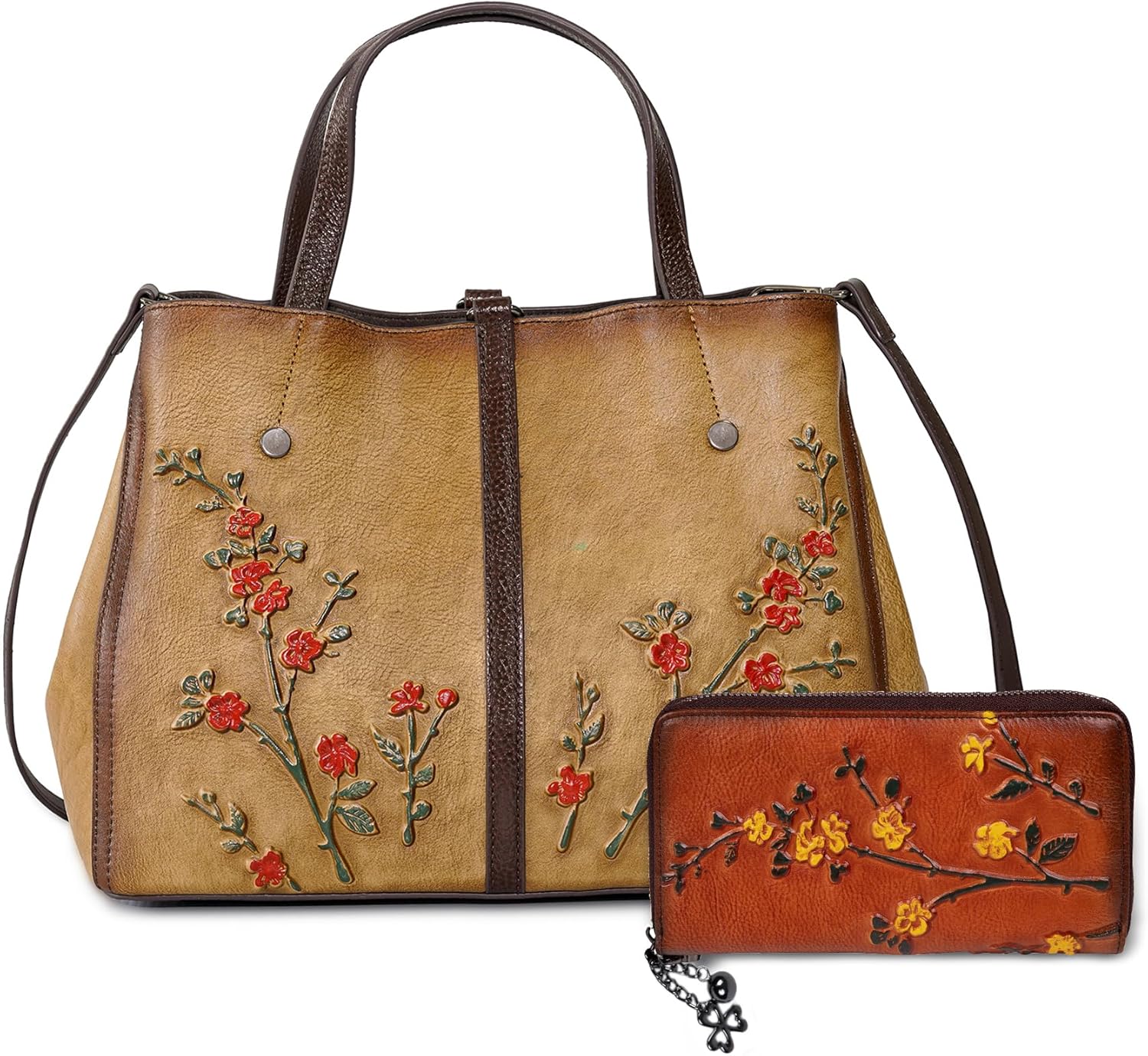 Genuine Leather Vintage Bag & Wallet Set for Women - Cowhide Crossbody Purse with RFID Blocking Wallet, Flower Embossed Retro Gift Combo