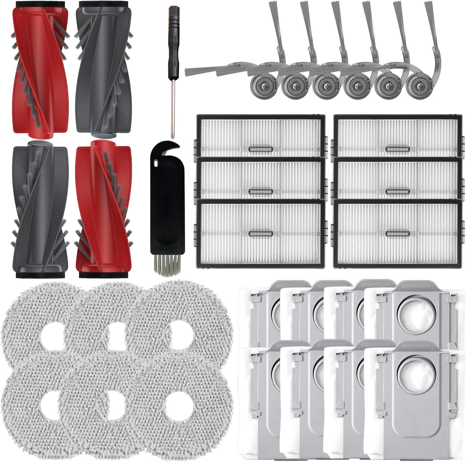 Replacement Accessories Kit Compatible With Roborock Saros 10R, G20s Ultra Robot Vacuum, Include 2 Duo Main Brushes+6 Side Brushes+6 HEPA Filters+6 Mop Pads+8 Dust Bags