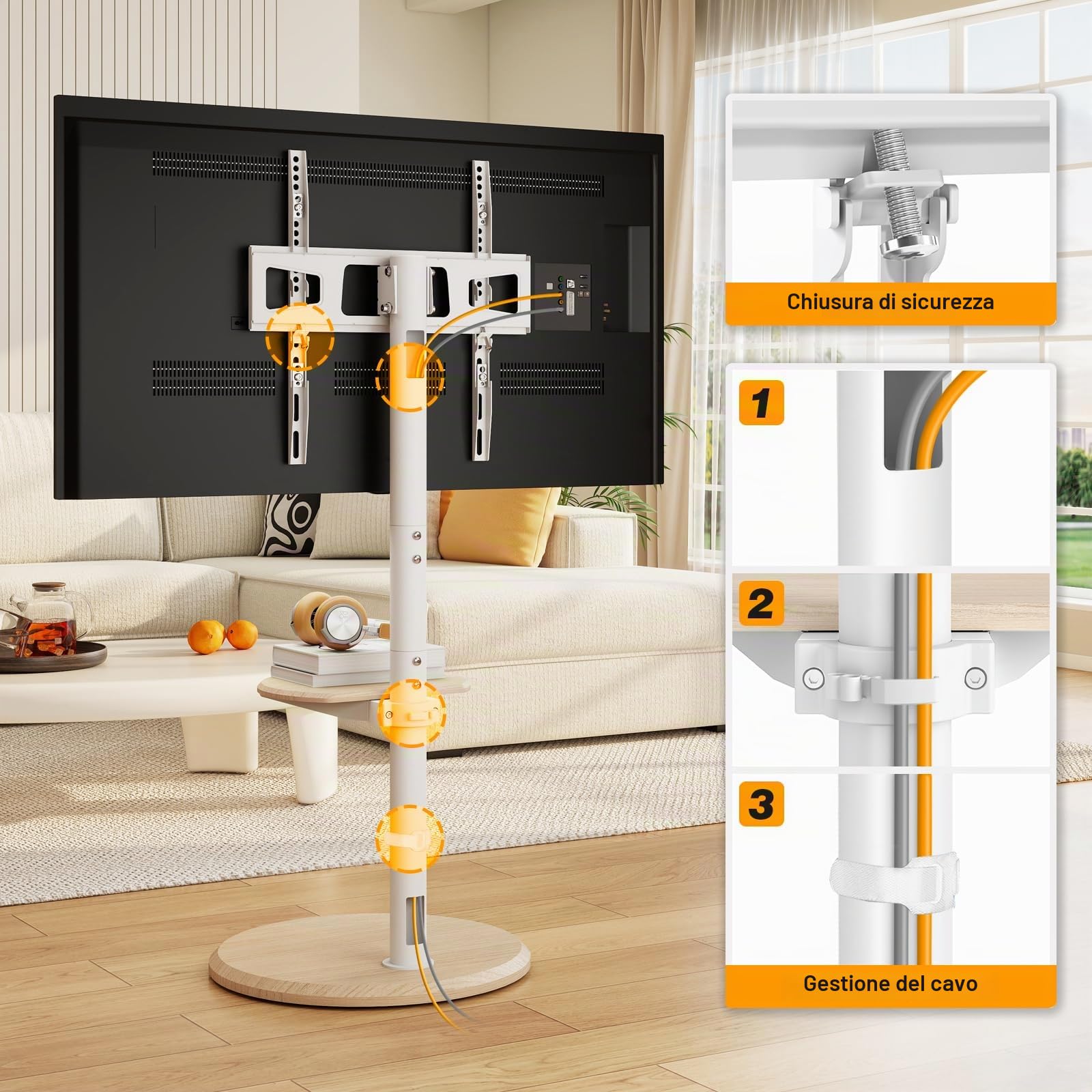 RFIVER Supporto TV da Pavimento Mobile per 32-65 Pollici, Carrello TV con Base Rotonda in Legno e Ruote Nascoste, Altezza e Inclinazione Regolabili, Fino a 40 kg, VESA Max 400x400mm