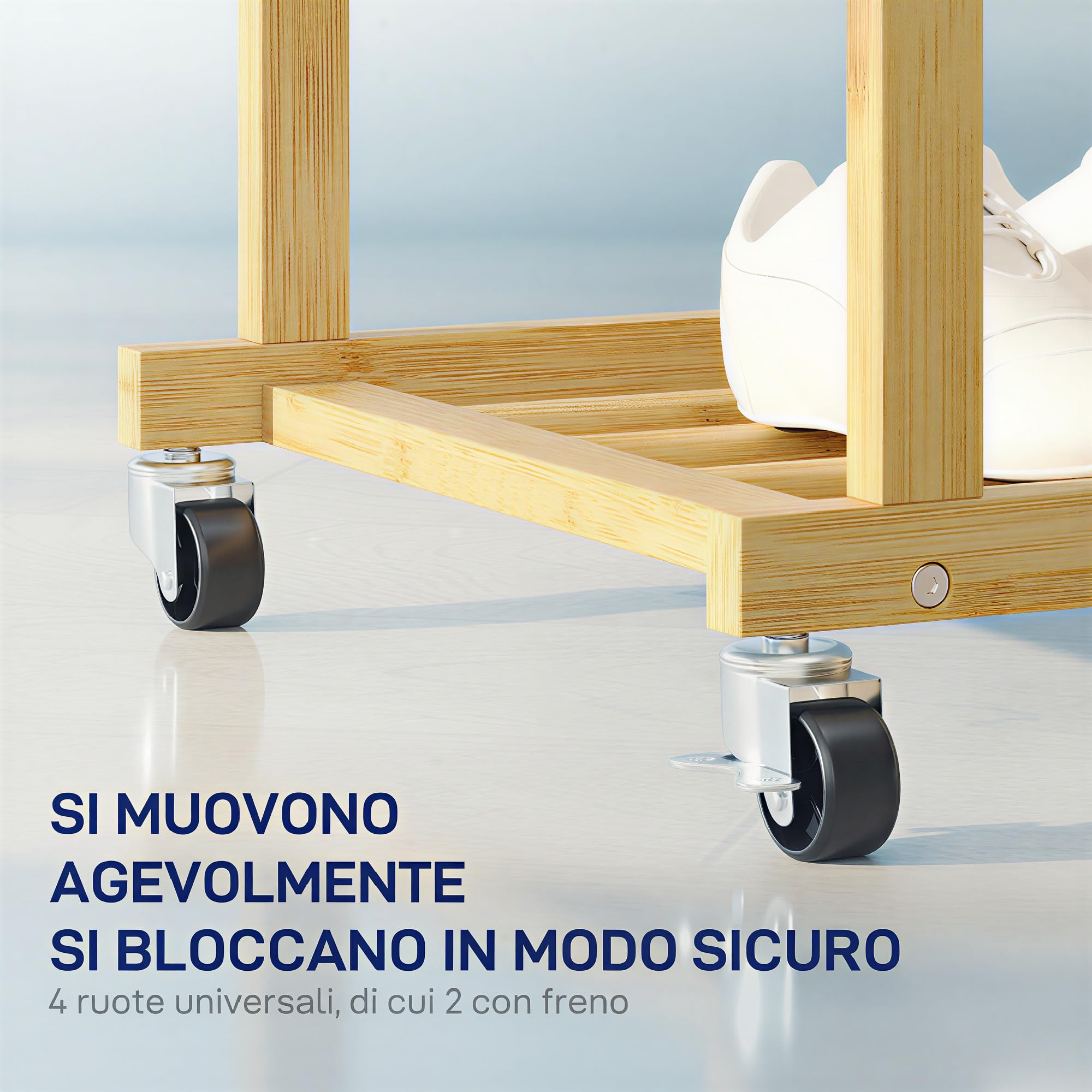 HOMCOM Stand Appendiabiti da Terra con 2 Barre e 4 Ruote Attaccapanni Salvaspazio con Ripiano Inferiore in Bambù per Camera da Letto Soggiorno 80x40x160 cm Legno Naturale