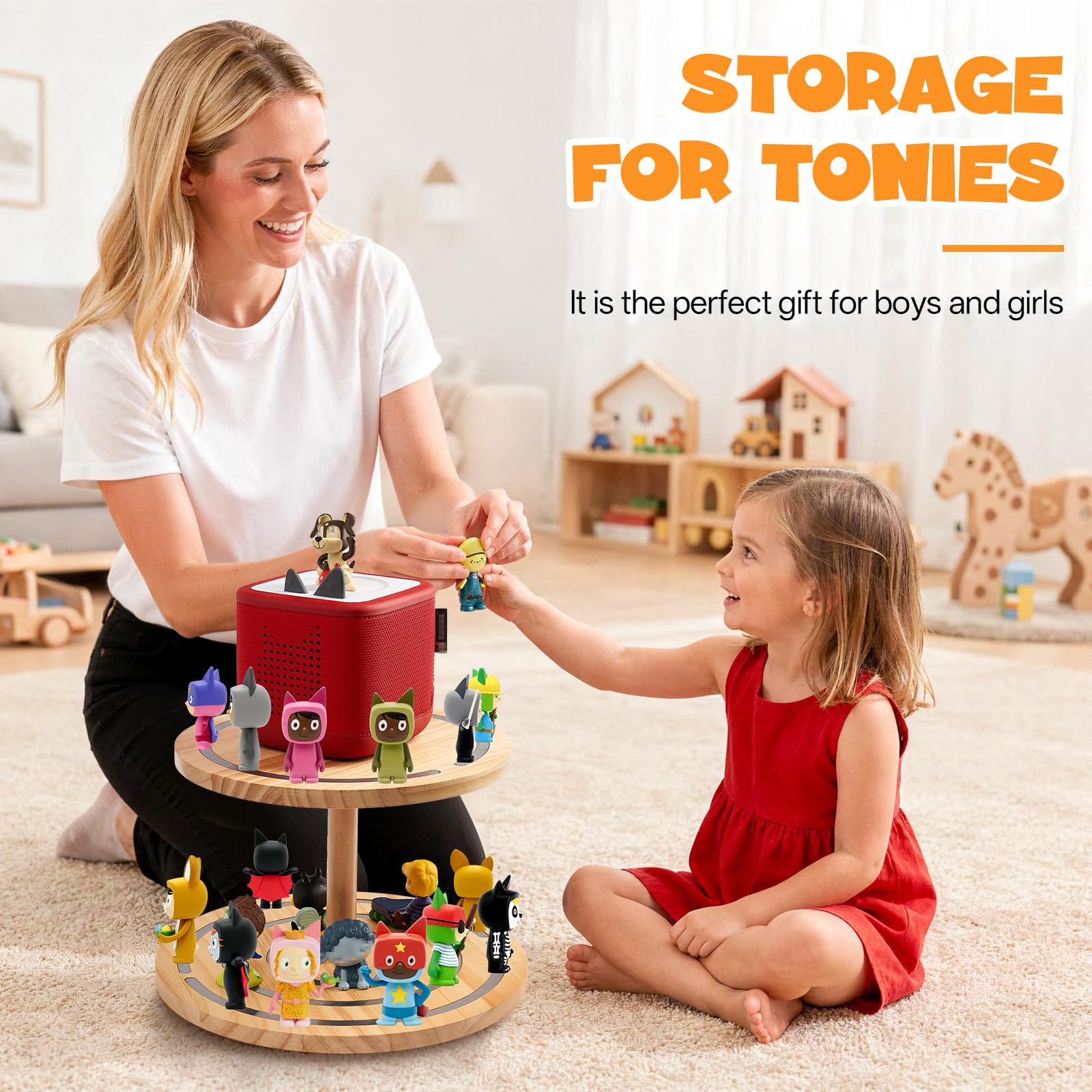 Gieanoo Étagère Tonies à 2 étages avec plateau tournant à 360° pour chambre d'enfant | Plateau tournant rond à 360° à 2 niveaux pour TonieBox 1 et 2 en bois de pin pour 30 à 50 caractères