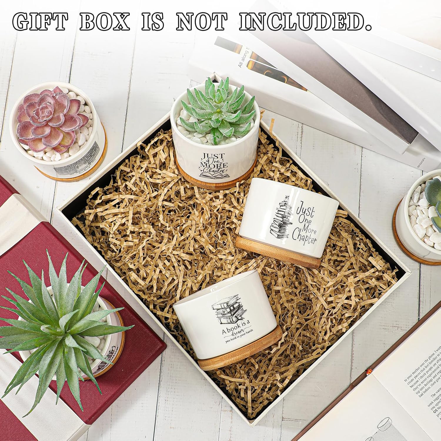 Havawish 6 Pcs Book Lover Gifts Planter Pots for Women Reading Quotes Mini Ceramic Succulent Pot with Bamboo Tray Book Club Bookish Planters Thank You Gift, Library Teacher Gifts, Plants Excluded