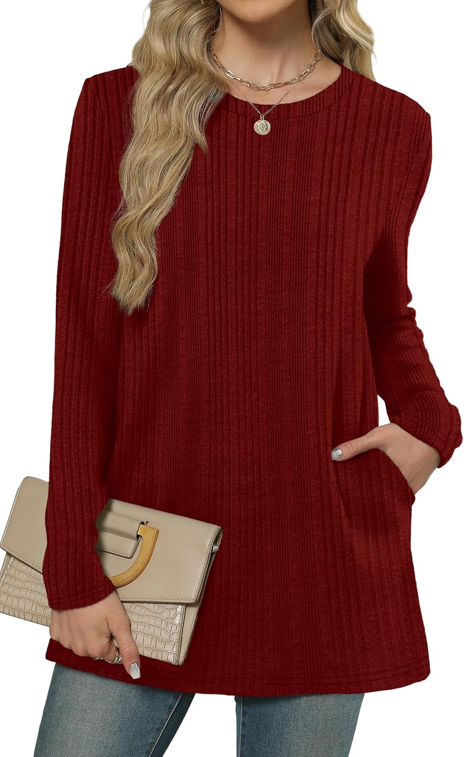 XIEERDUO Long Sleeve Shirts for Women Crewneck Tunic Tops Loose Fit Dressy Womens Sweaters with Pockets Fall Fashion 2025 - Image 2