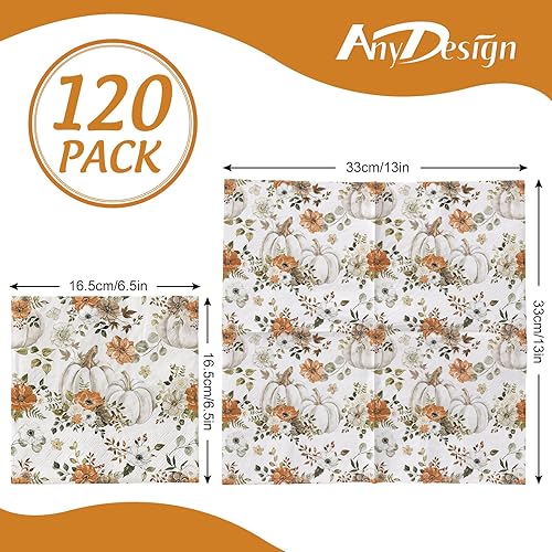 Miniatura 2 de AnyDesign Paquete de 120 servilletas de papel de otoño de 6.5 x 6.5 pulgadas, acuarela, hojas de flores de calabaza, servilletas de papel