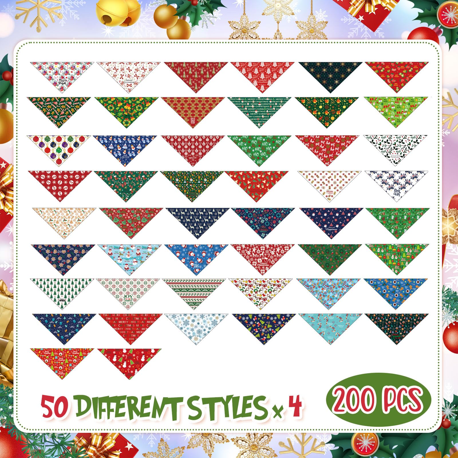 Kacctyen 200 pañuelos de Navidad para perros a granel para peluqueros de invierno, bandanas triangulares con patrones de Navidad, bufanda suave y ajustable para perros pequeños, medianos y grandes,