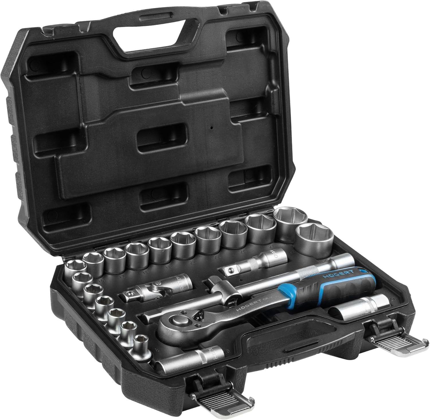 Högert Technik - Steckschlüsselsatz 24-teilig 1/2 Zoll mit Knarrenschlüssel, Ratsche, Stecknüssen 8-32 mm aus CrV Stahl im Koffer für Werkstatt und Garage