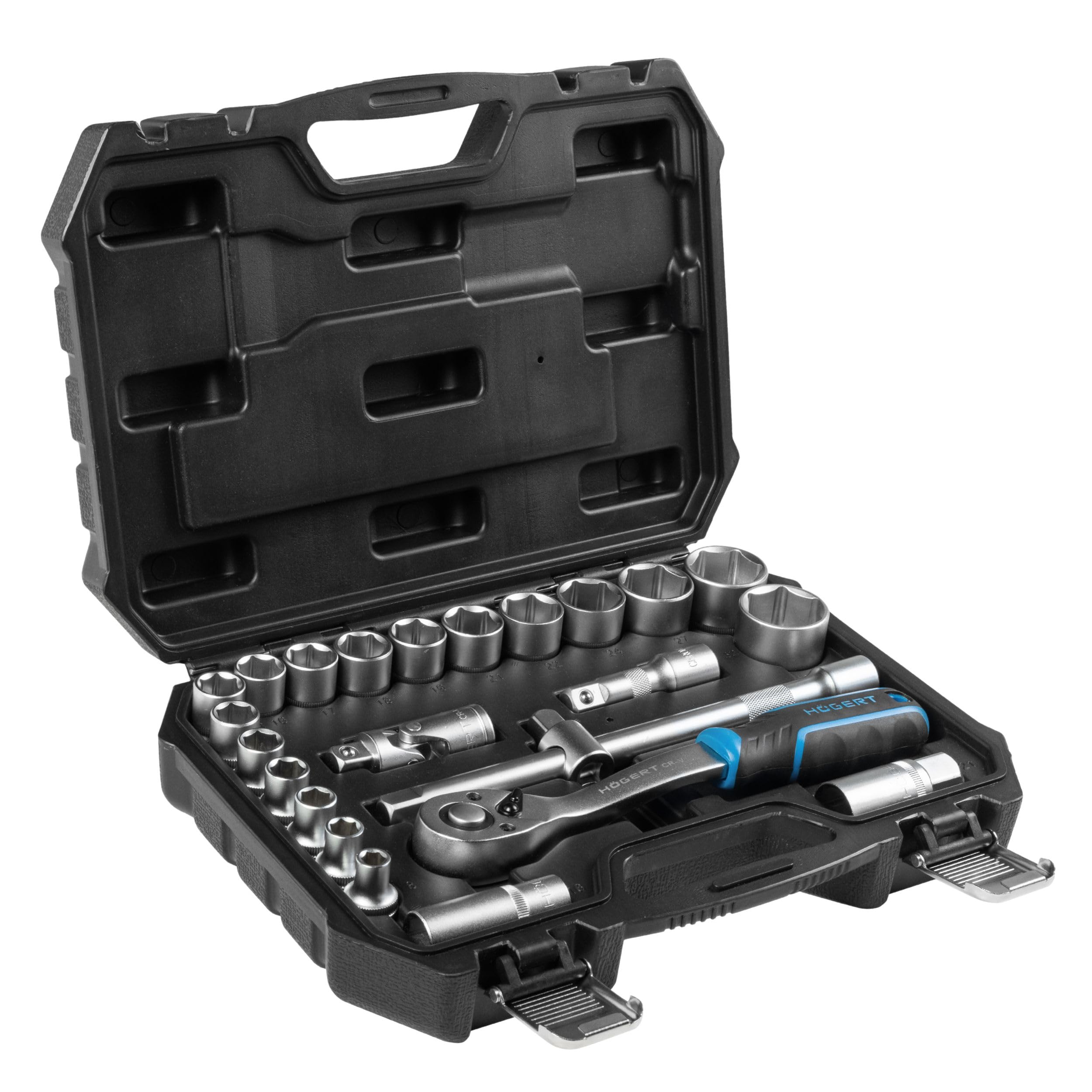 Högert Technik - Set di chiavi a bussola da 24 pezzi da 1/2 pollice con chiave a cricchetto, cricchetto, bussole da 8-32 mm in acciaio CrV in valigetta per officina e garage