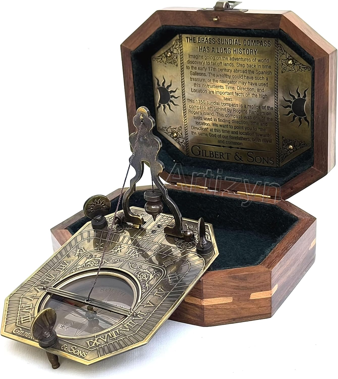Brass Sundial Compass - Pendulum Sundial Unique Gift Ideas for Him or Her - Men & Women Wedding Gift Gilbert & Sons Sundial with Rosewood Case