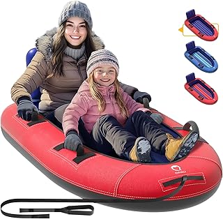 QPAU Snow Sled with Premium Canvas Cover, 2 Person Inflatable Heavy Duty Snow Tube with Reinforced Handles, Snow Sleds for Kids and Adults, Winter Toboggan Outdoor Toys Gifts for Family
