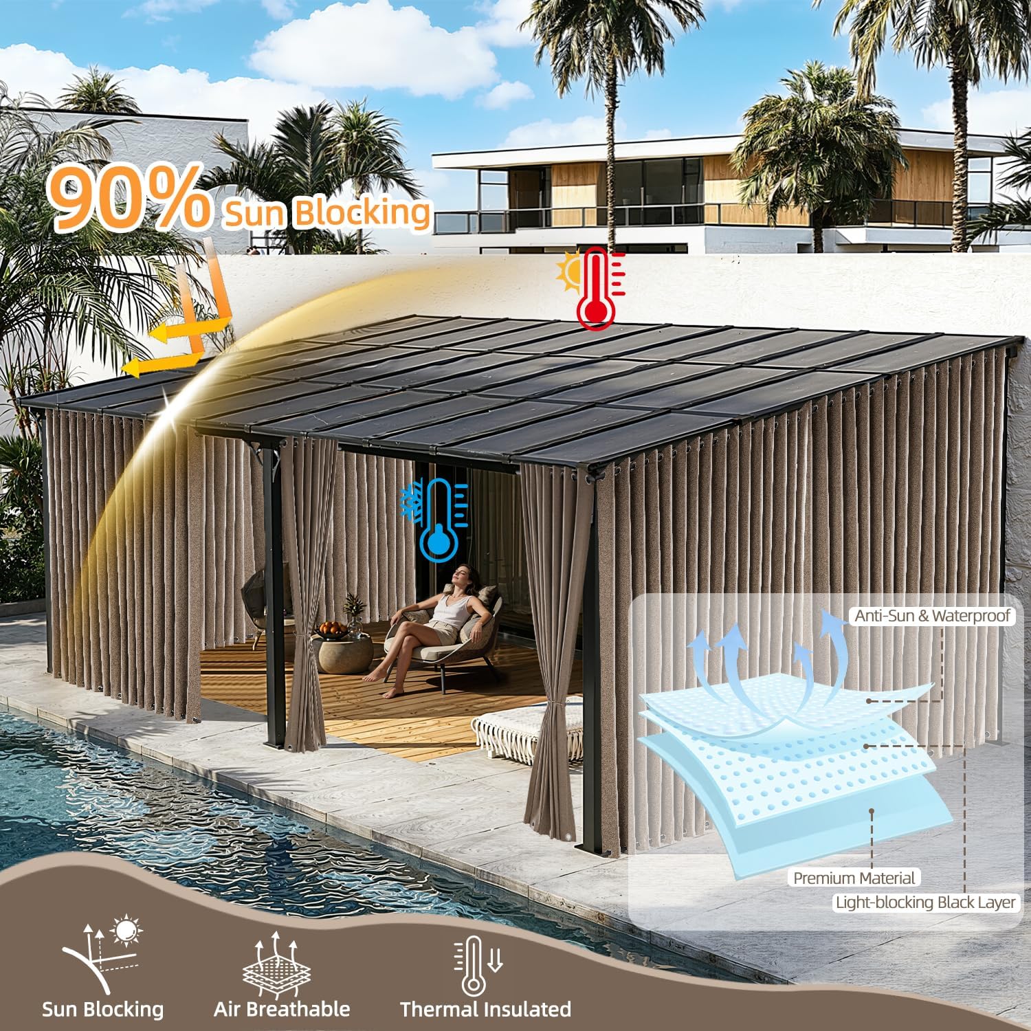 Waterproof Outdoor Curtains with Zipper 2 Panels Faux Linen Sun Blocking Blackout Privacy Patio Curtains Top & Bottom Grommet Outside Drape for Porch Pergola(110×84 Inch, Tan)