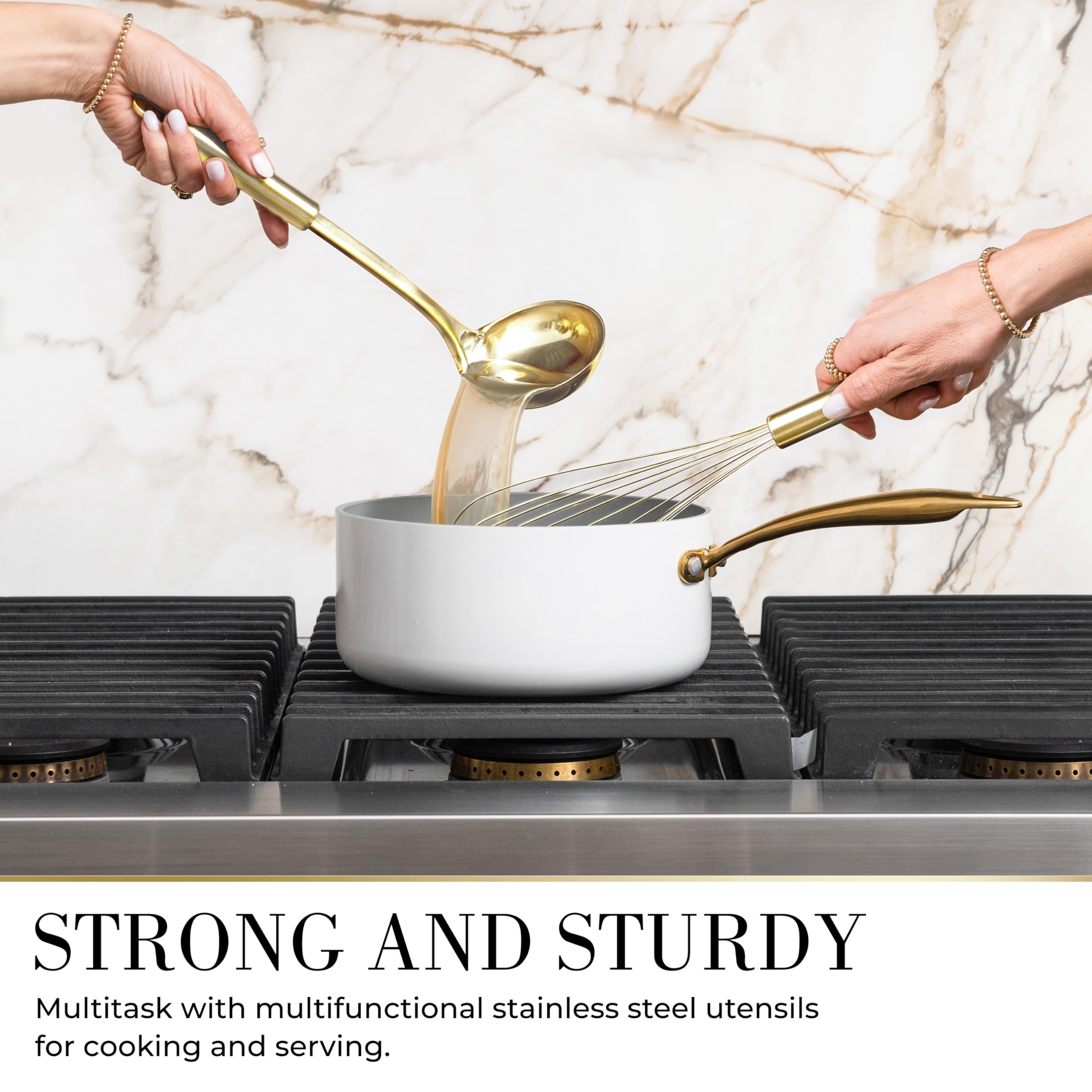 Küchenutensilien-Set, 7-teilig, Beige und Gold, ungiftiges Silikon und Edelstahl, zum Kochen, Servieren und Hosting, ideal für antihaftbeschichtetes Kochgeschirr und moderne Küchen, mit goldfarbenem