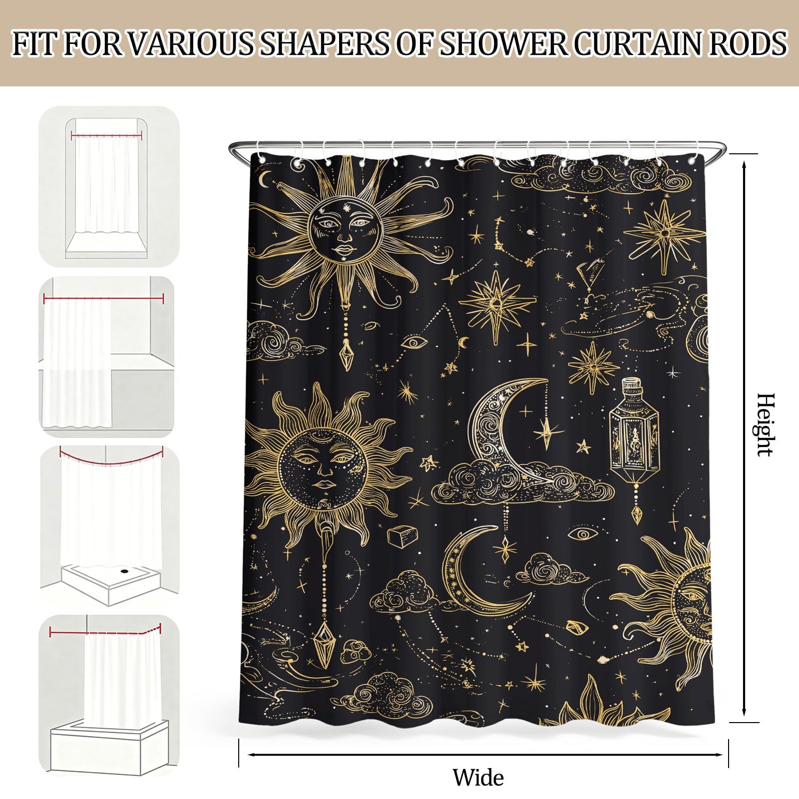 Generisch Tenda da doccia con fantasia con cielo stellato, 180 x 200 cm, antimuffa, impermeabile, in microfibra, con occhielli e ganci, colore nero