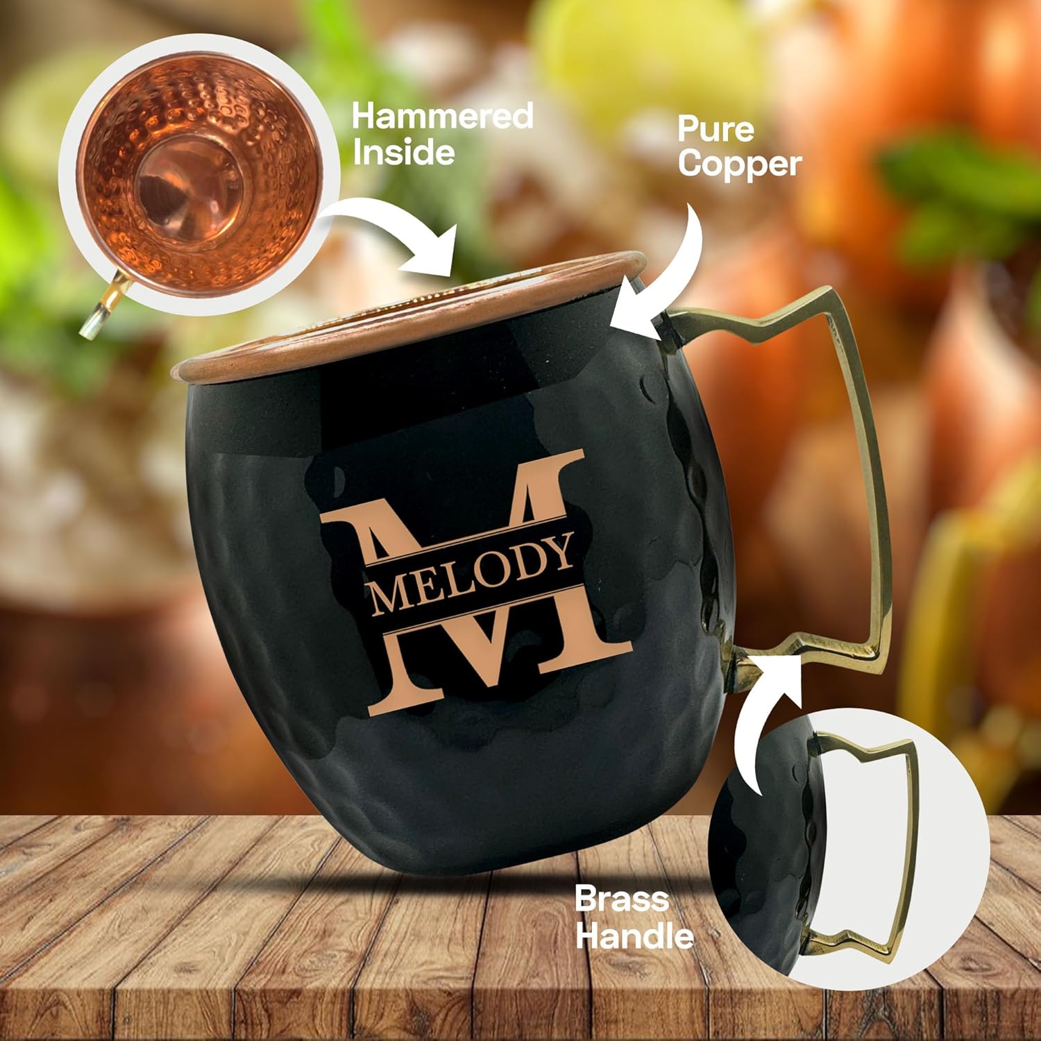 Personalized Custom Copper Moscow Mule with Hammered Painted Finish - Engraved 100% Copper with Your Logo, Phrase or Design for Business or Event Bar Style Cup, Brass Handle | 18 oz, Black