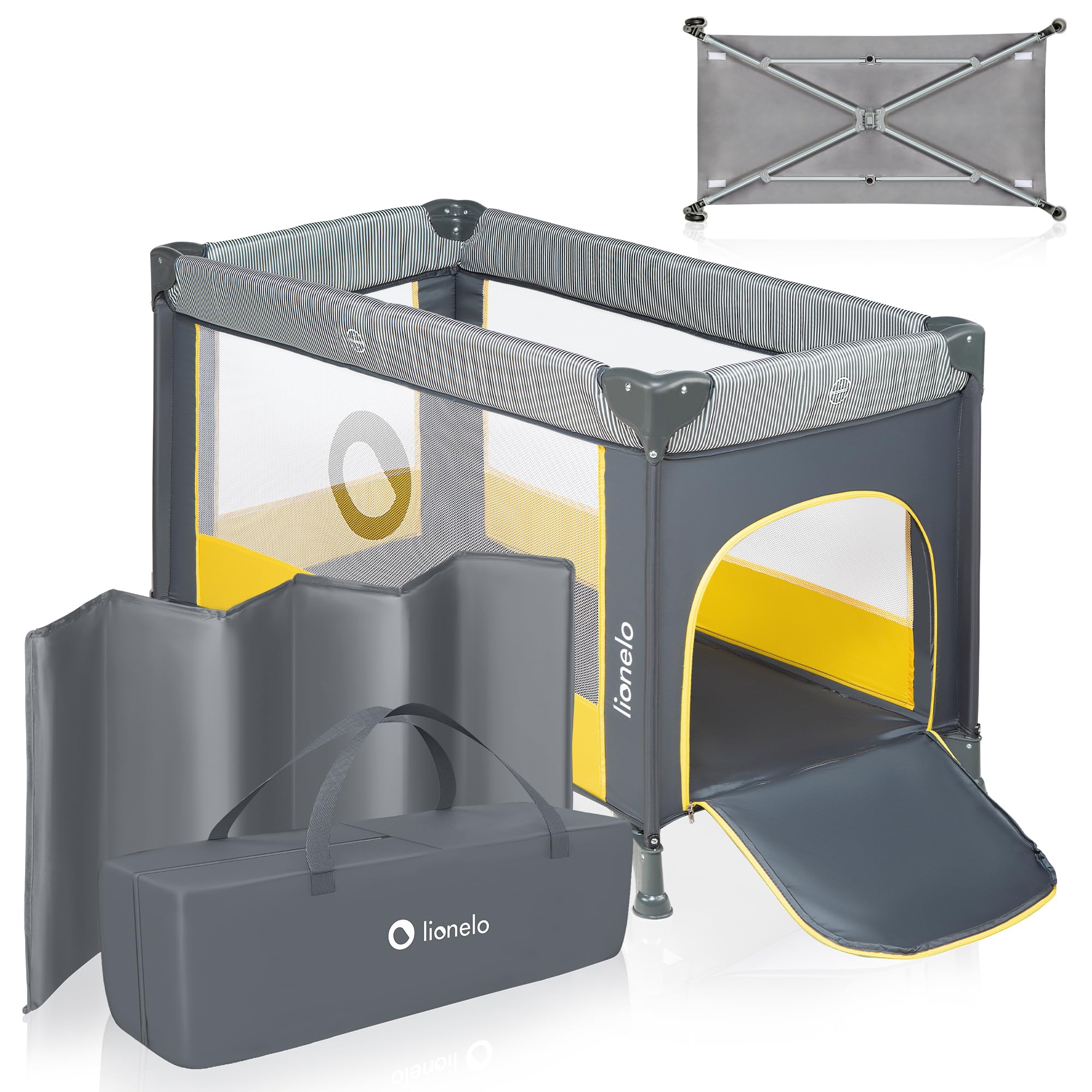 LIONELO Stefi Plus - Lit Parapluie Bébé 2en1 - 0-36 Mois - Sac De Transport 125x65 Cm Roulettes Gris Jaune P1243441c1244652