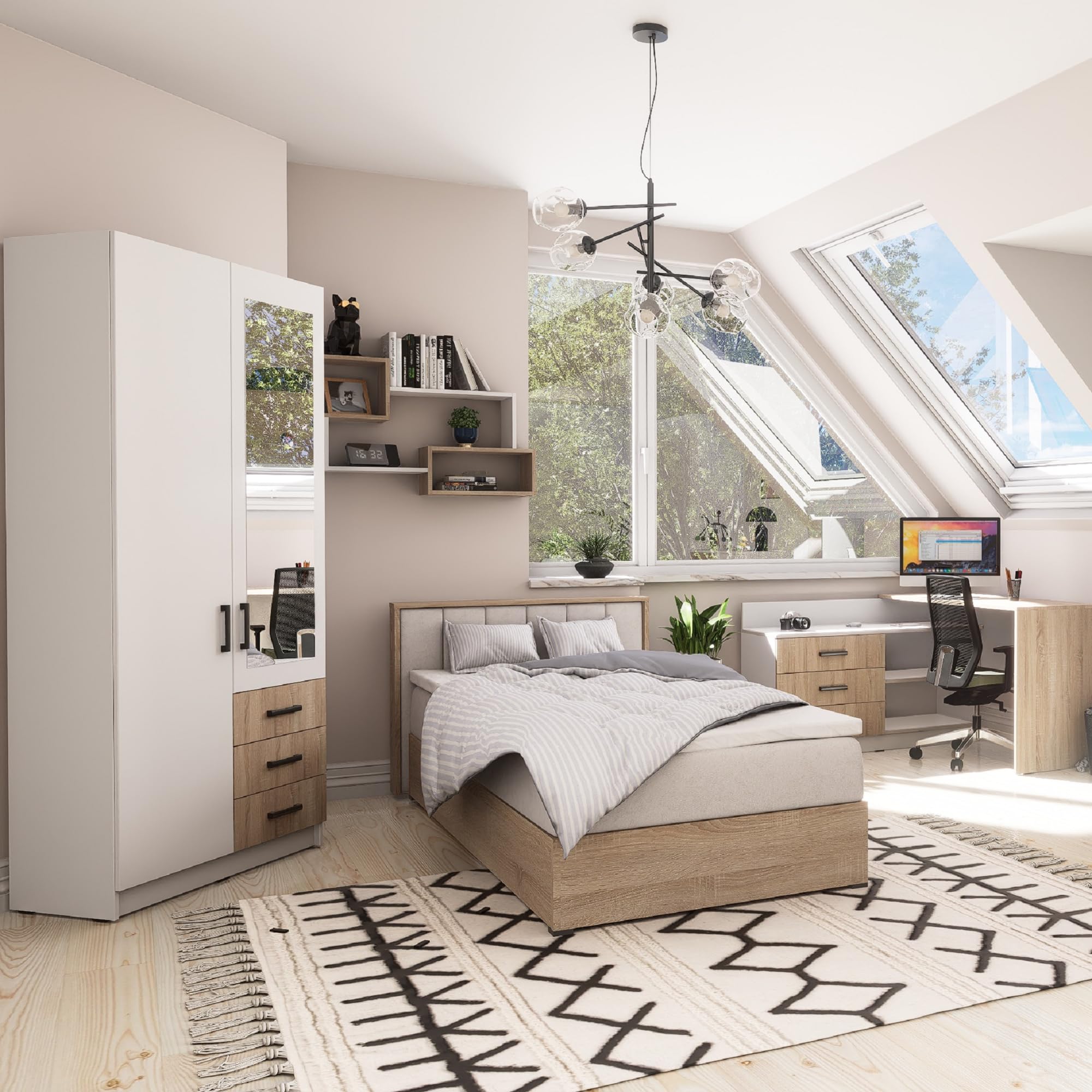 Kleiderschrank Sigma 90 cm breit mit Spiegel 2 Drehtüren und 3 Schubladen Korpus in Weiß Matt Schlafzimmerschrank Kinderzimmerschrank (Türen-Weiß, Schubladen-Weiß)