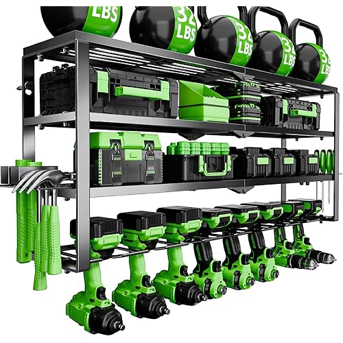 Power Tool Organizer Wall Mount, 4 Layer Tool Storage Rack with 8 Cordless Drill Holders, Power Tool Shelf Loads 400lbs for Garage, Warehouse, Workshop, Gifts for Men, Husband (Bohemian)