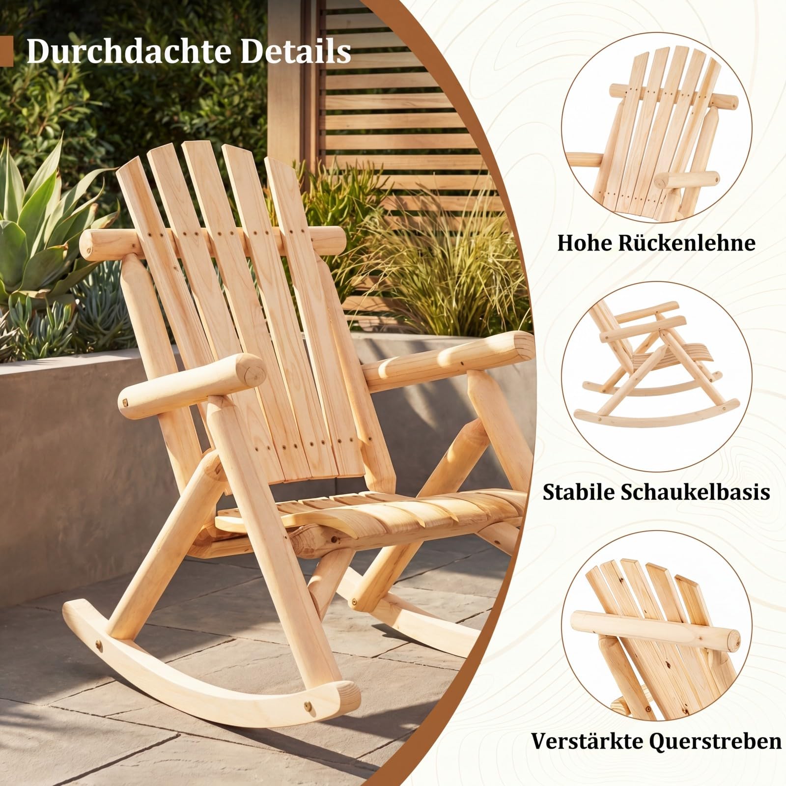 COSTWAY Schaukelstuhl, Schaukelsessel aus Massivholz, Relaxstuhl mit hoher Rückenlehne und Lattenrost Sitz, Schwingsessel, Gartenstuhl für Garten, Terrasse, Balkon, Natur