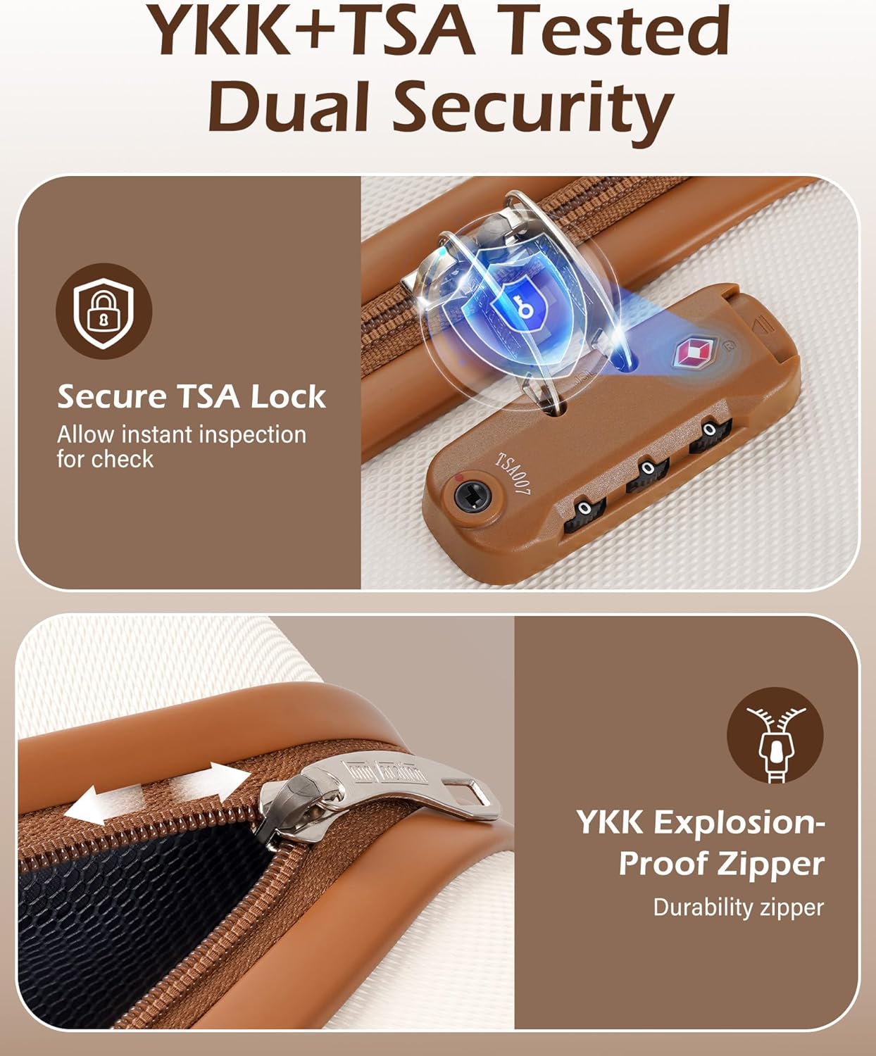 LONG VACATION Carry On Luggage Sets 3 Piece 20 Inch Suitcase Set, ABS+PC Hardshell Lightweight Travel Luggage with Spinner Wheels & YKK Zipper TSA Lock (BEIGE-BROWN, 20 Inch) - Image 5