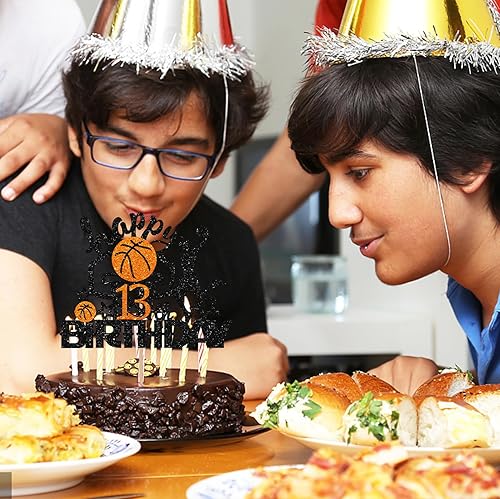 Miniatura 6 de Decoración de baloncesto para pastel de cumpleaños número 13, decoración de pastel de baloncesto con purpurina negra y naranja, decoración de pastel