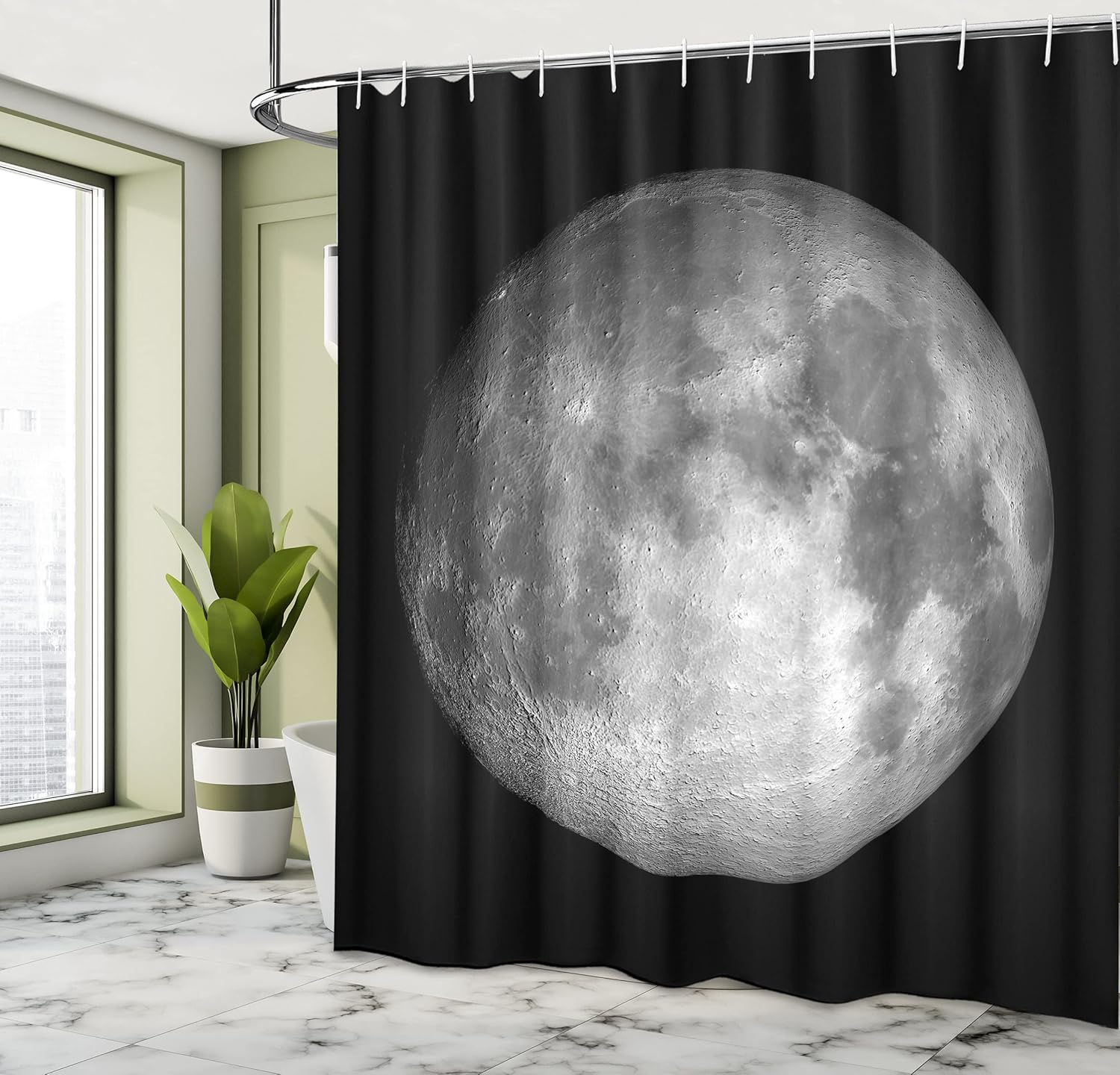 Ambesonne Galaxy Shower Curtain, Moon Graphic Image Trippy Rock Detailed Surface Planet Astronomy Outer Space Print, Cloth Fabric Bathroom Decor Set with Hooks, 69" W x 75" L, Grey Black