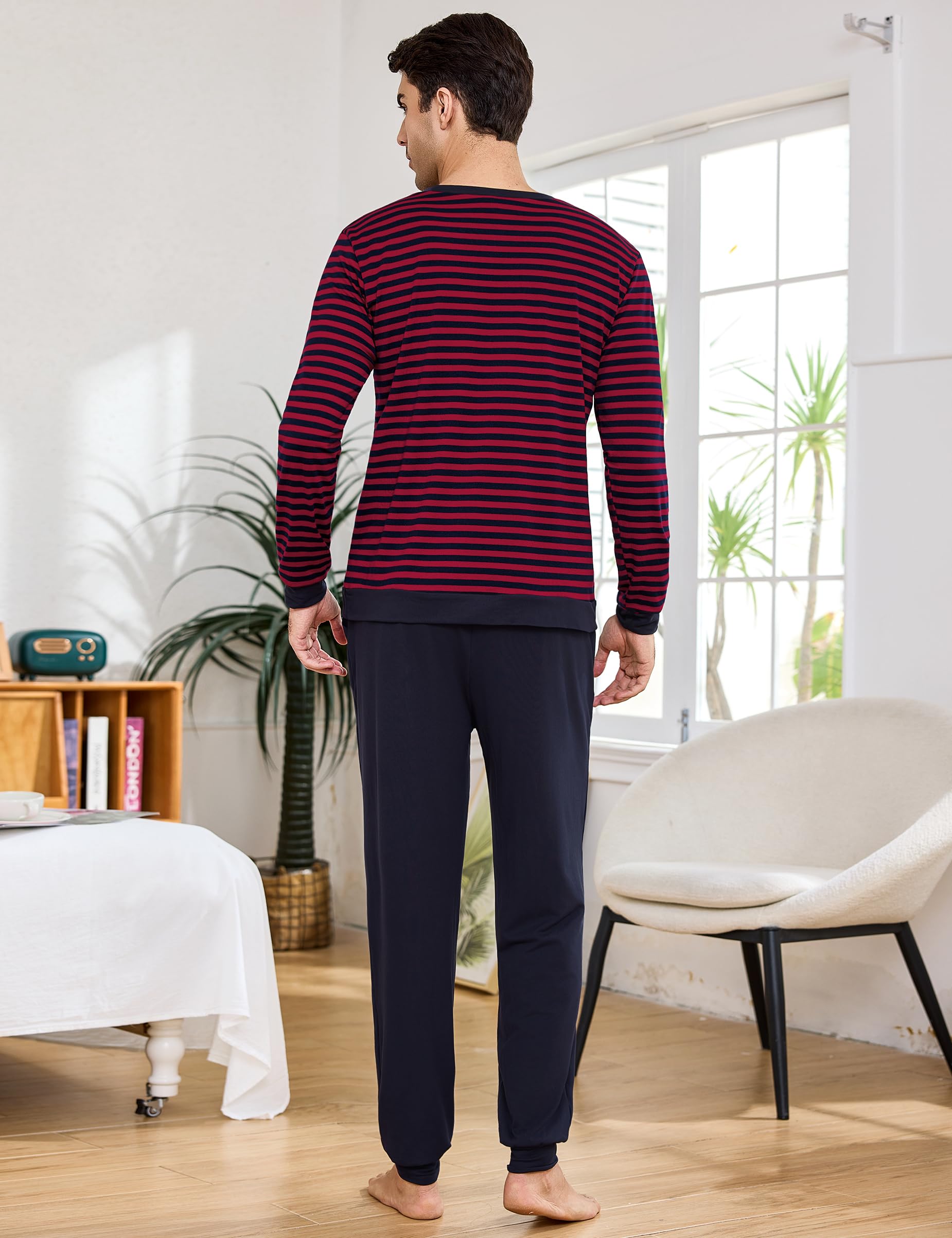 Bresdk Pijama Hombre Invierno Algodon Manga Larga Conjunto de Pijama a Rayas Dos Piezas Pijamas Largos Cuello Redondo S-3XL