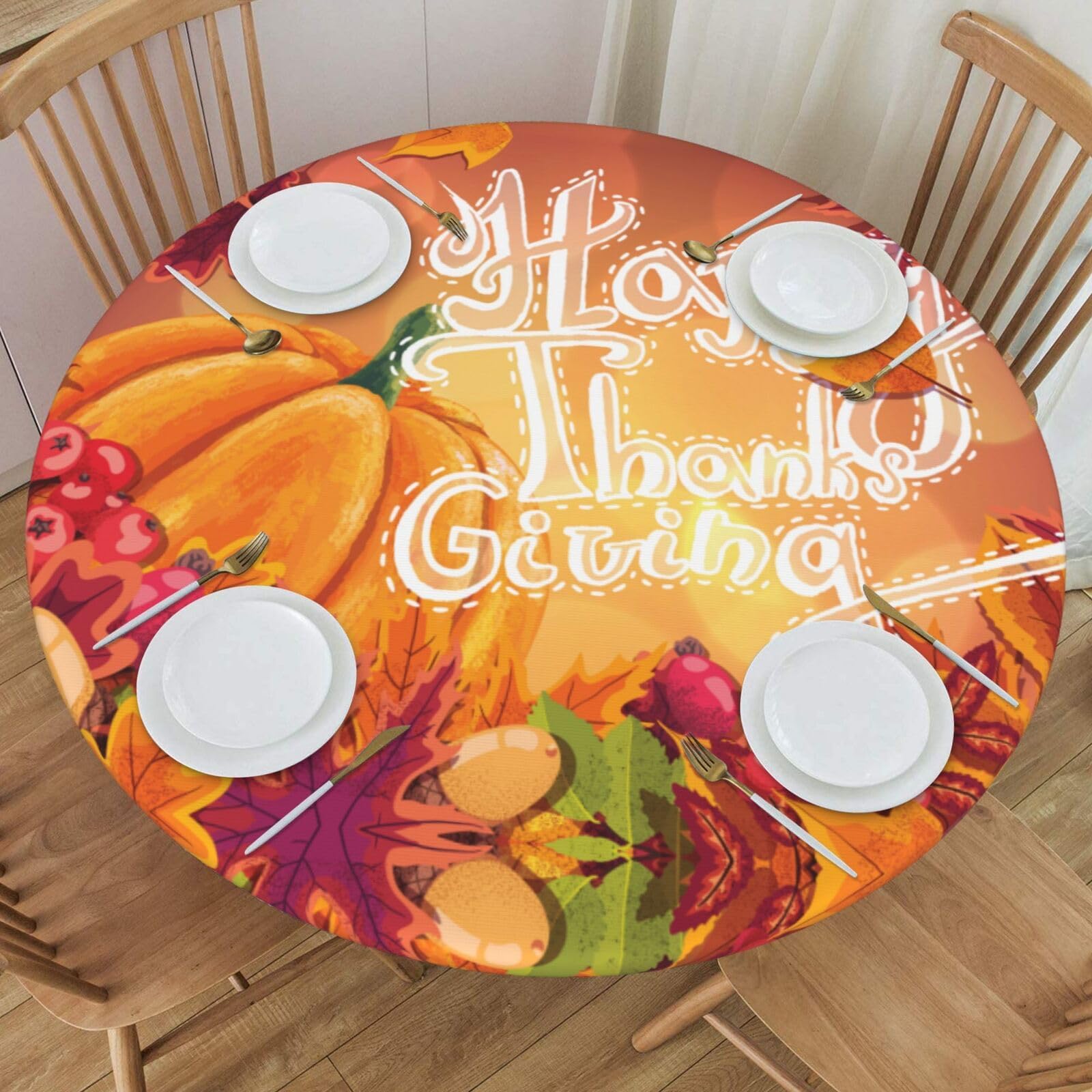 Delerain Thanksgiving Day Round Fitted Tablecloth, Waterproof Round Table Cloth with Elastic Edged Washable Table Cover for Indoor Outdoor Fits 40"-44" Tables, Small