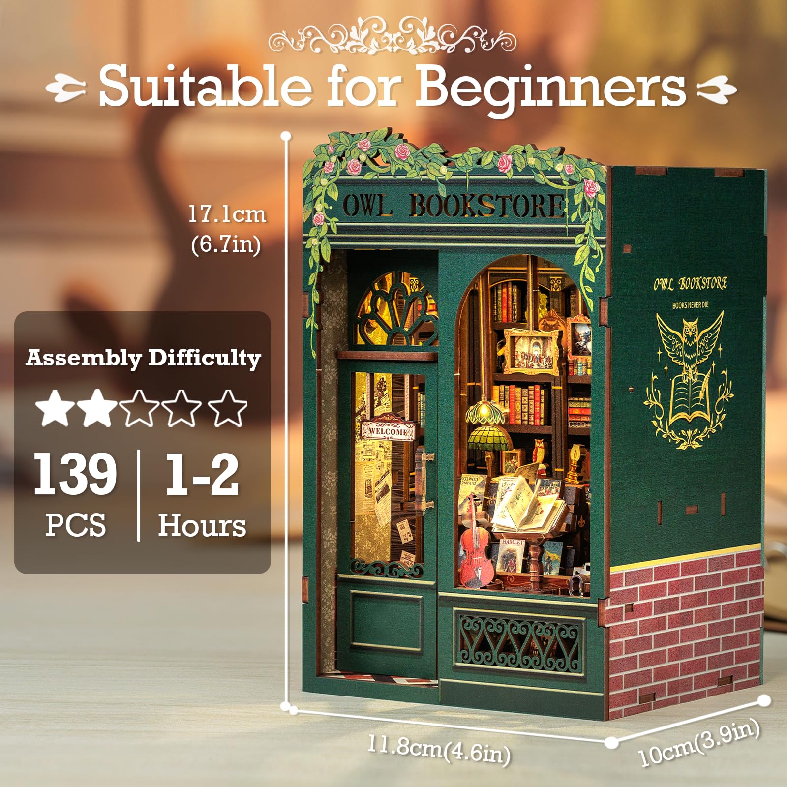 Cutefun Book Nook Kit – Creativo per Realizzare Case delle bambole, Modello in Scala per Appassionati, Donne, Ragazzi e Amanti dei Libri(OWL Bookstore)