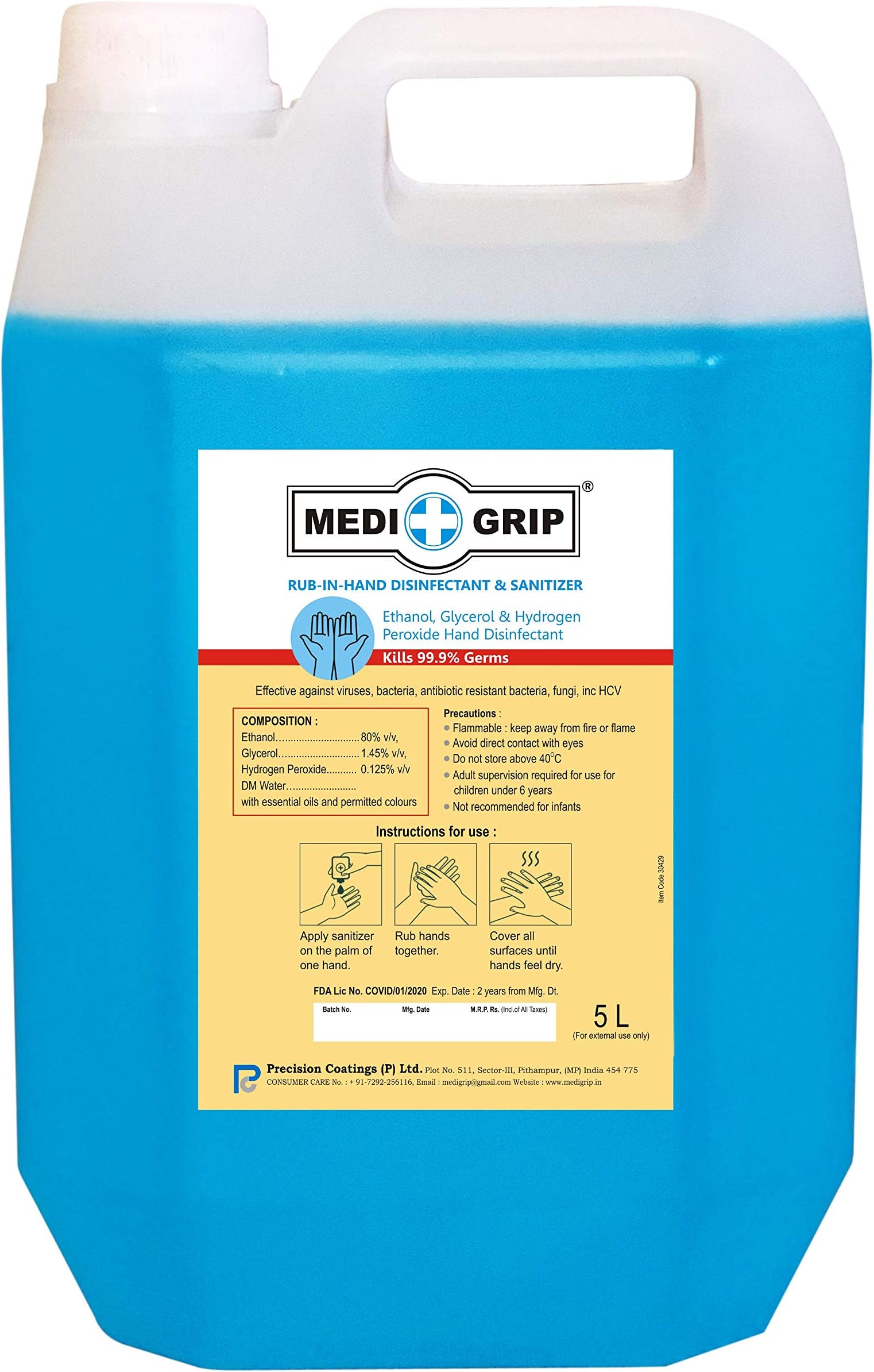 MEDIGRIP Hand Sanitizer | 80% Alcohol Based Sanitizer (5 Litre) - WHO Recommended FDA Approved Hand Rub Formula