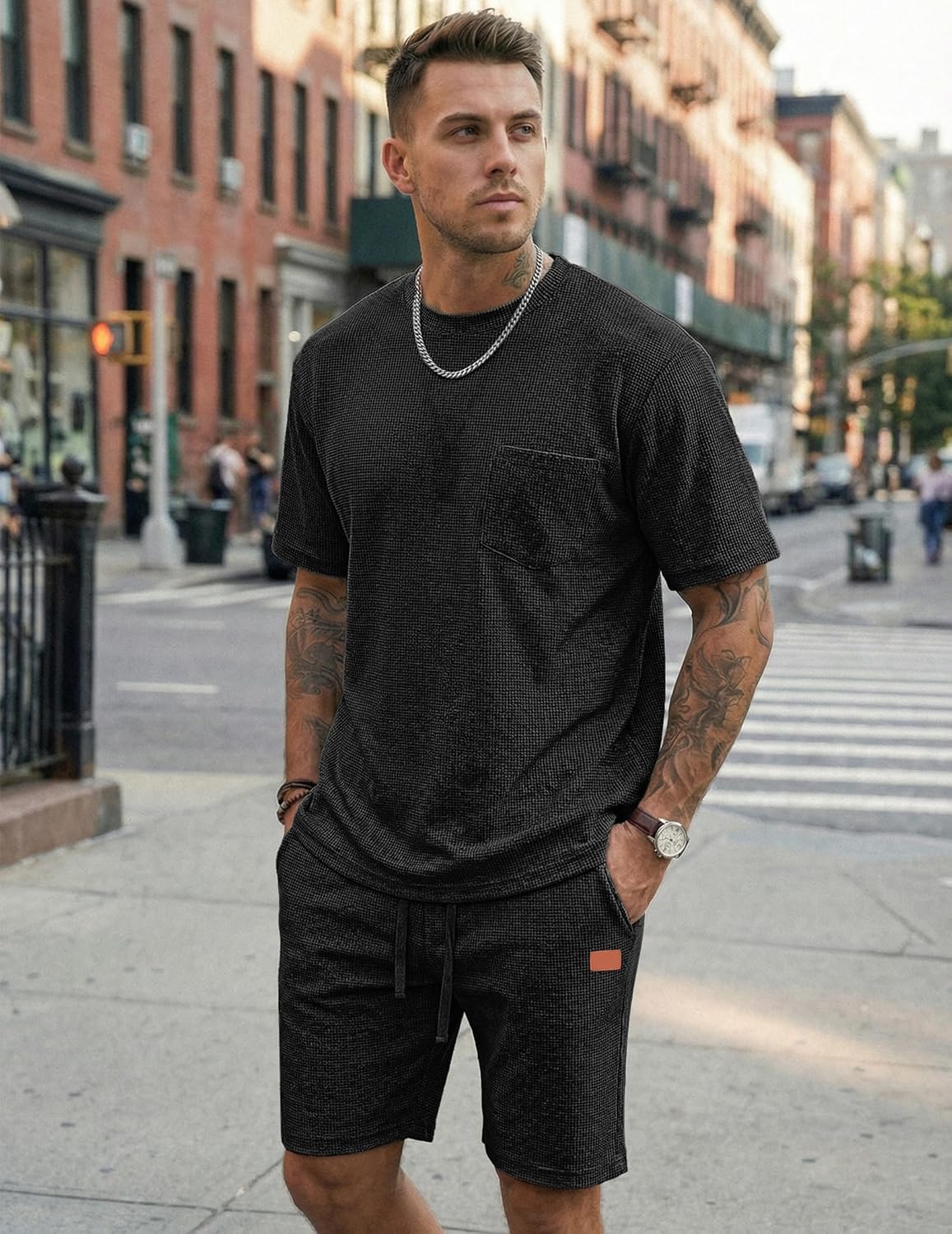 Men's Waffle Short Sets 2 Piece Outfits Cotton T-Shirts and Shorts Set Summer Vacation Beach Casual