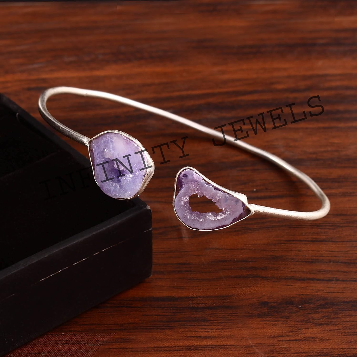 925 Sterling Silver Natural Purple Slice Agate Druzy Adjustable Bangle Bracelet Jewelry