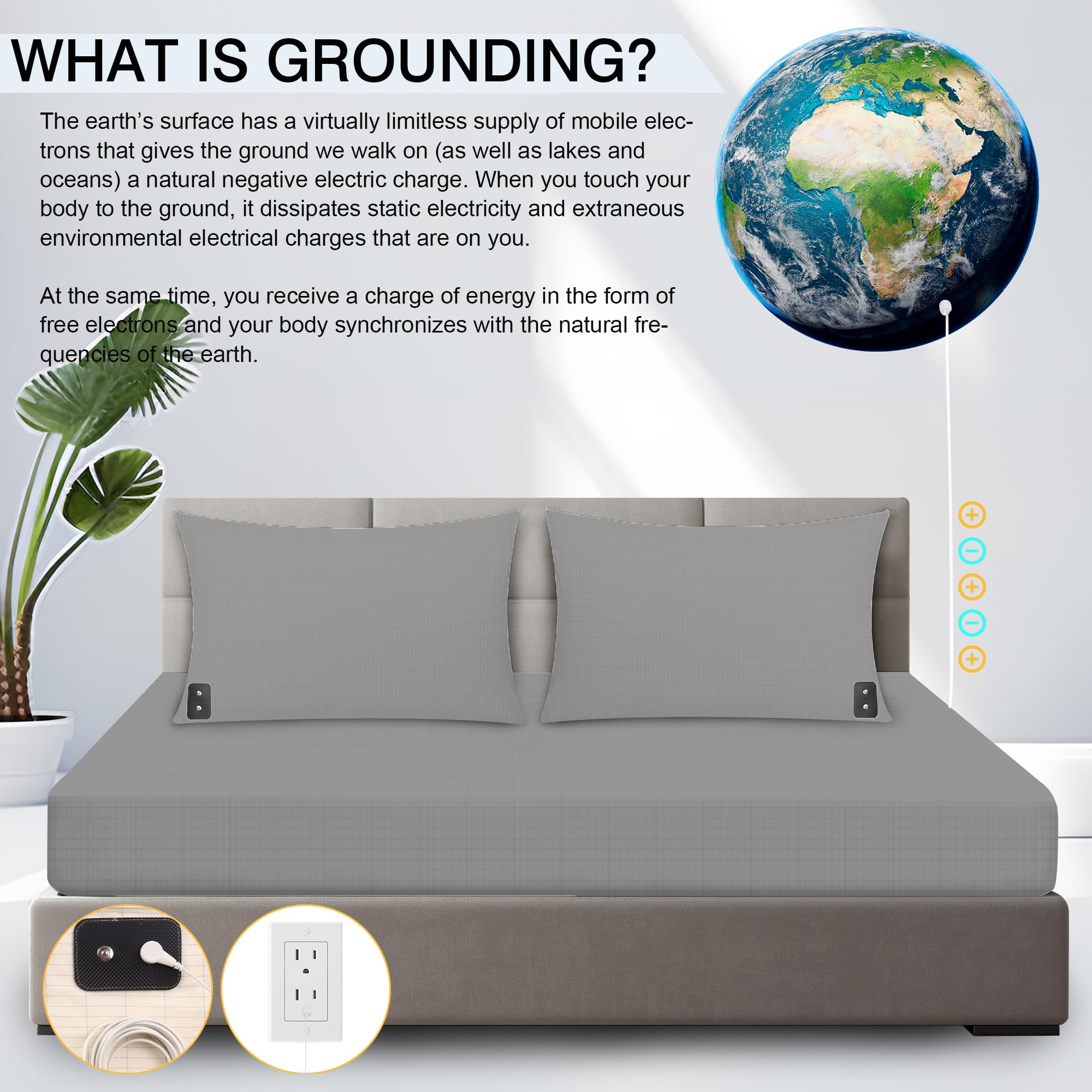 Erdungsbettlaken 100x200cm Erdungs-Spannbetttücher Erdungsbettuch mit EU Erdungskabel Gesundheit 95% Bio-Baumwolle 5% Silberfase Erdungsprodukt für Besseren Schlaf Grau